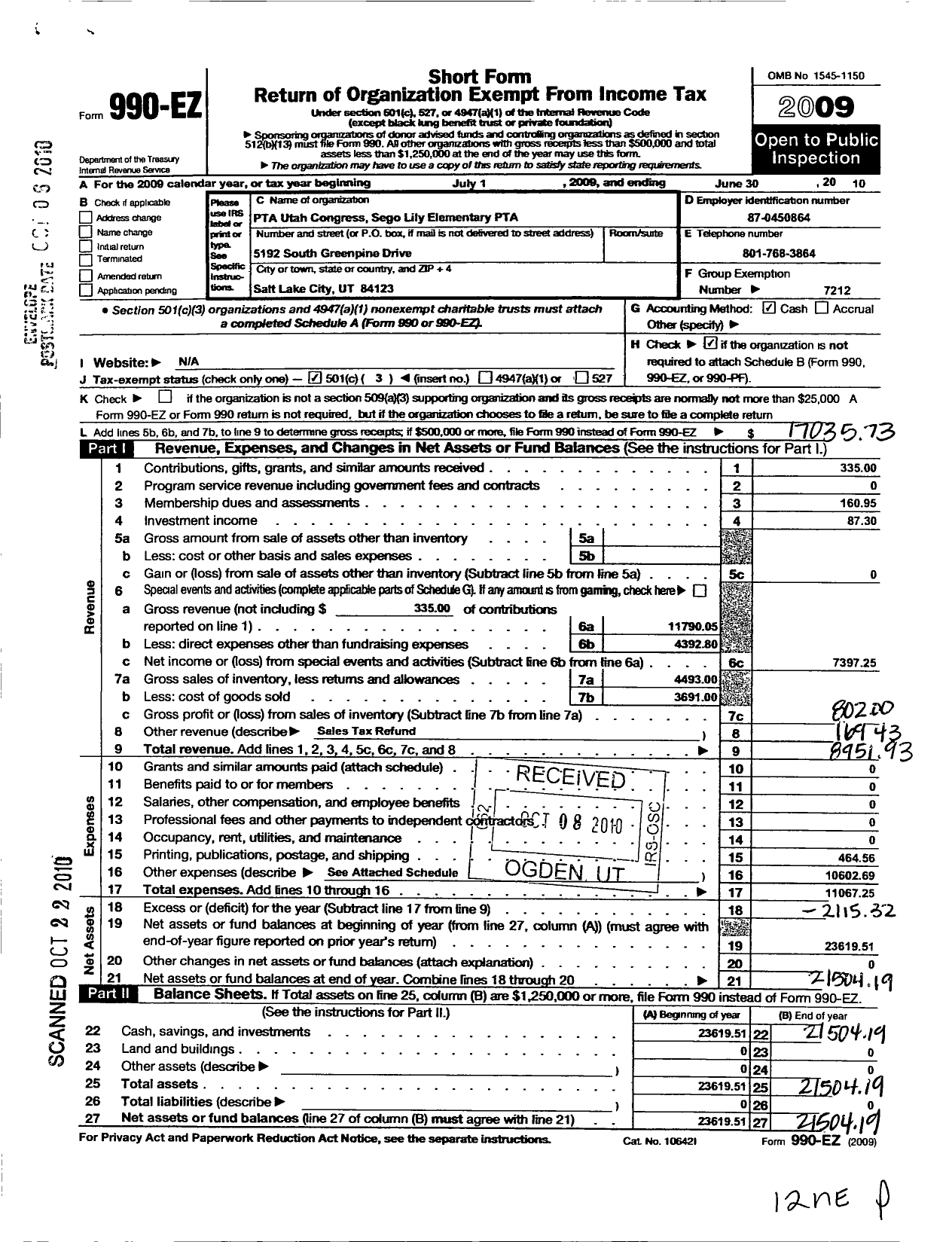 Image of first page of 2009 Form 990EZ for PTA Utah Congress / Sego Lily Elem PTA