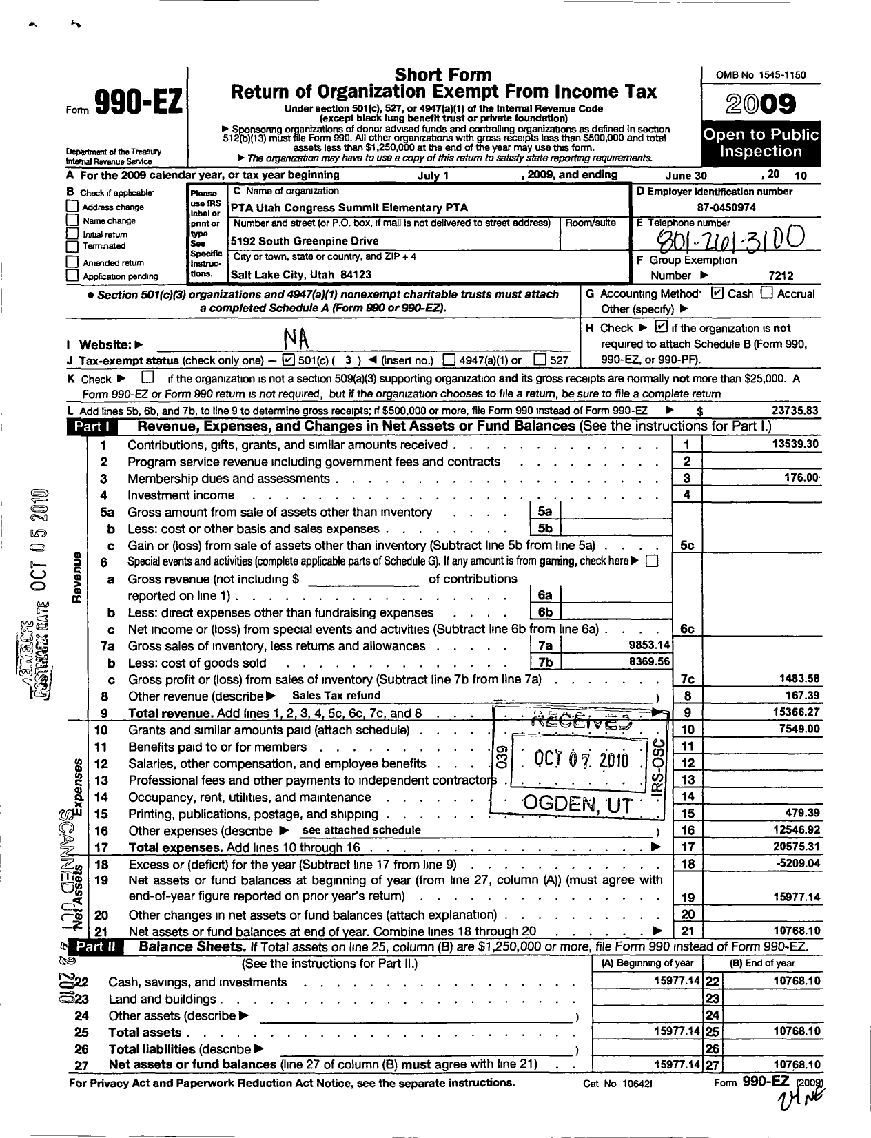 Image of first page of 2009 Form 990EZ for PTA Utah Congress / Summit Elem PTA