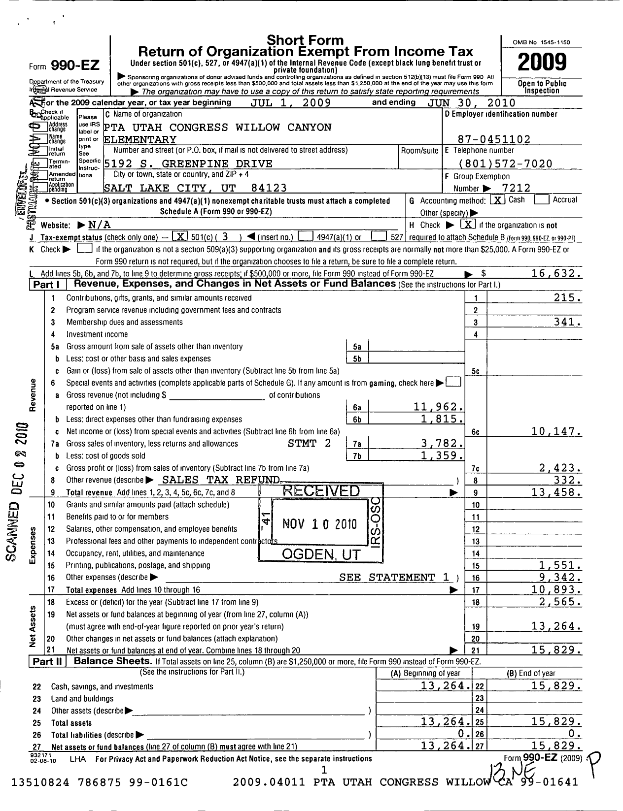 Image of first page of 2009 Form 990EZ for PTA Utah Congress / Willow Canyon Elem PTA