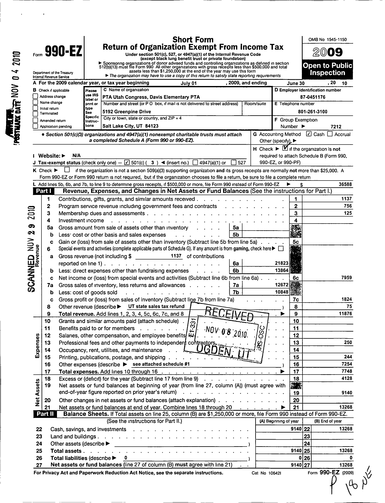 Image of first page of 2009 Form 990EZ for PTA Utah Congress / Davis Elementary School PTA