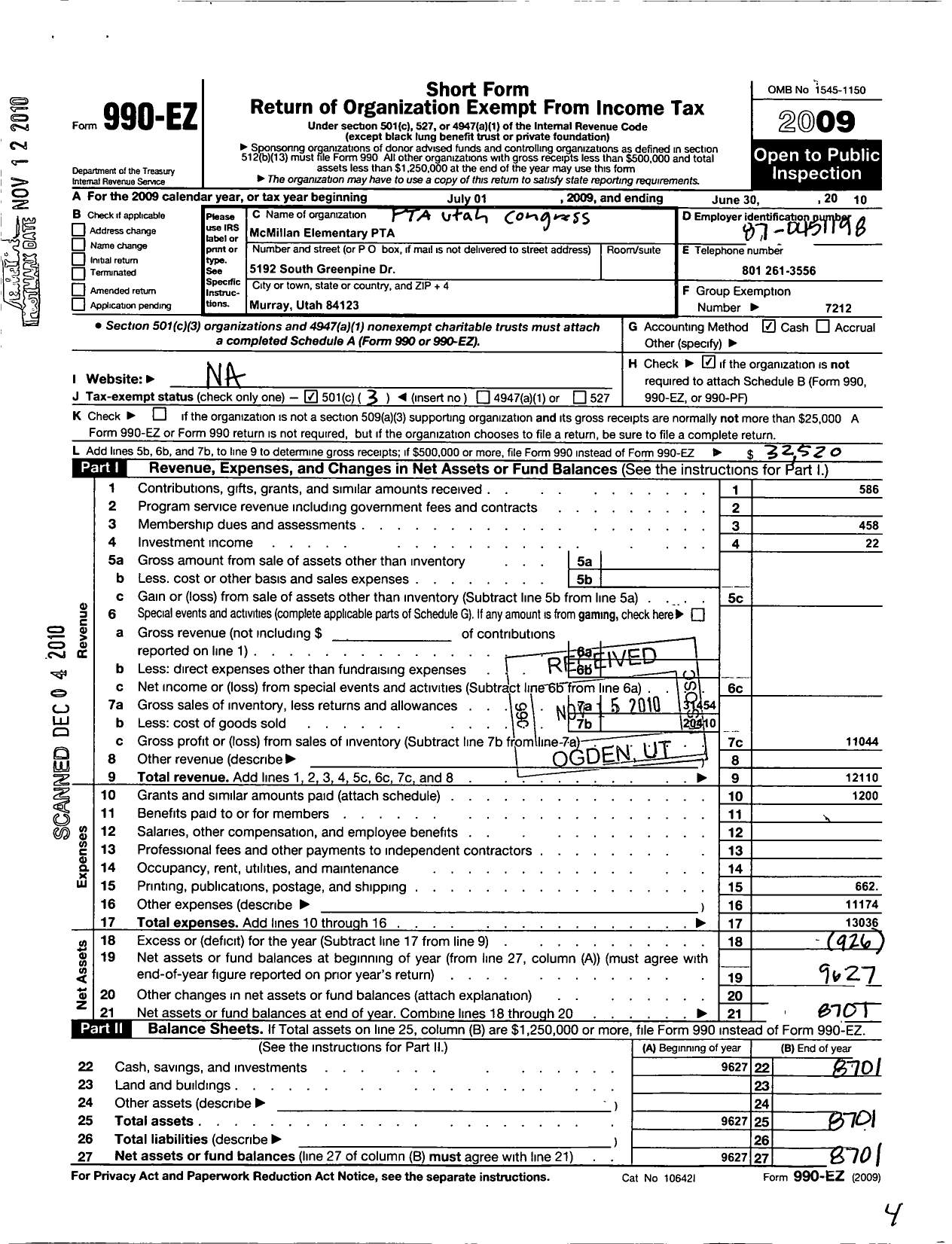 Image of first page of 2009 Form 990EZ for PTA Utah Congress / Mcmillan Elem PTA