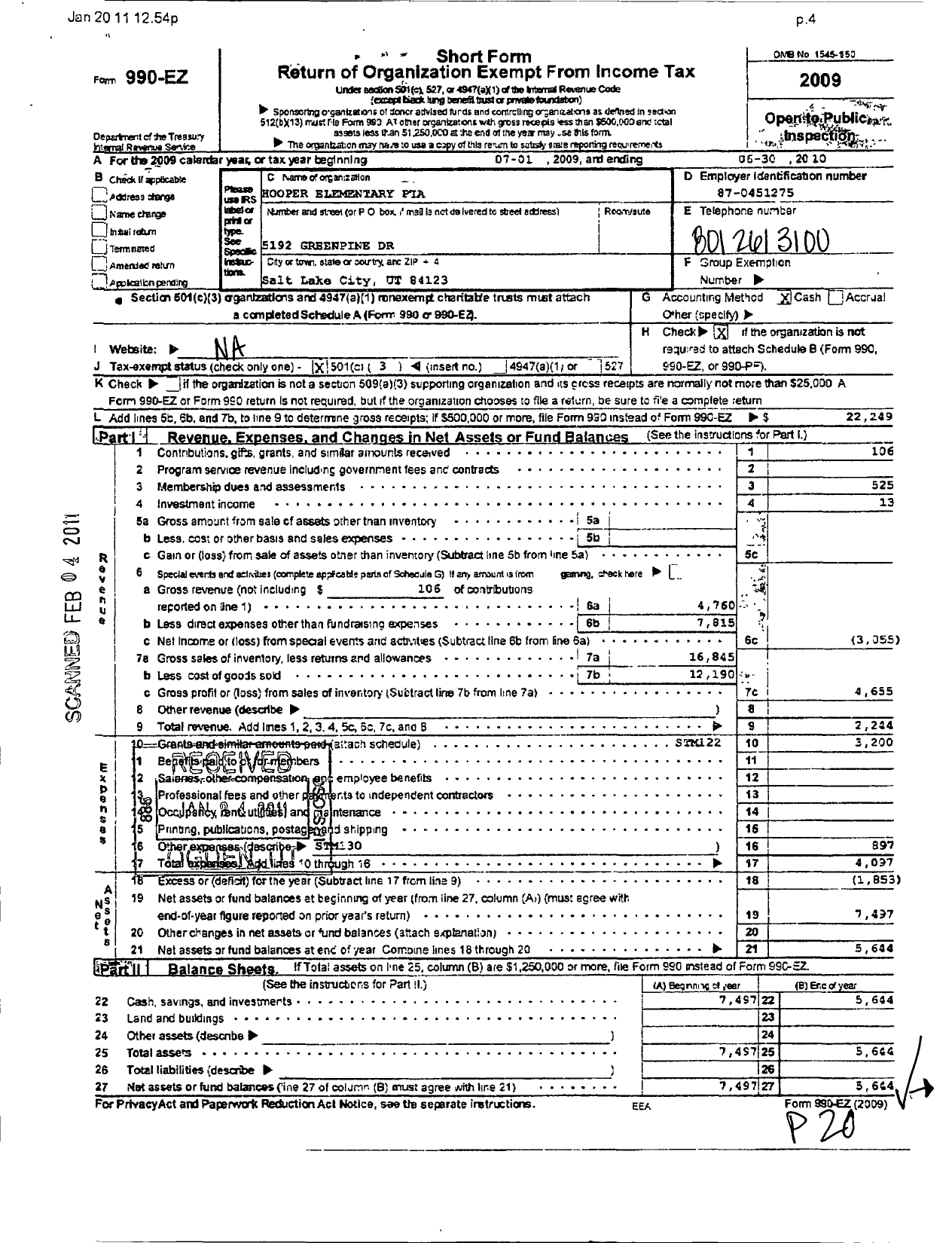 Image of first page of 2009 Form 990EZ for PTA Utah Congress / Hooper Elementary PTA