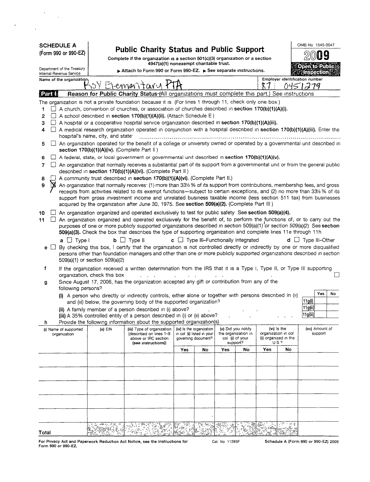 Image of first page of 2009 Form 990ER for PTA Utah Congress / Roy Elementary PTA