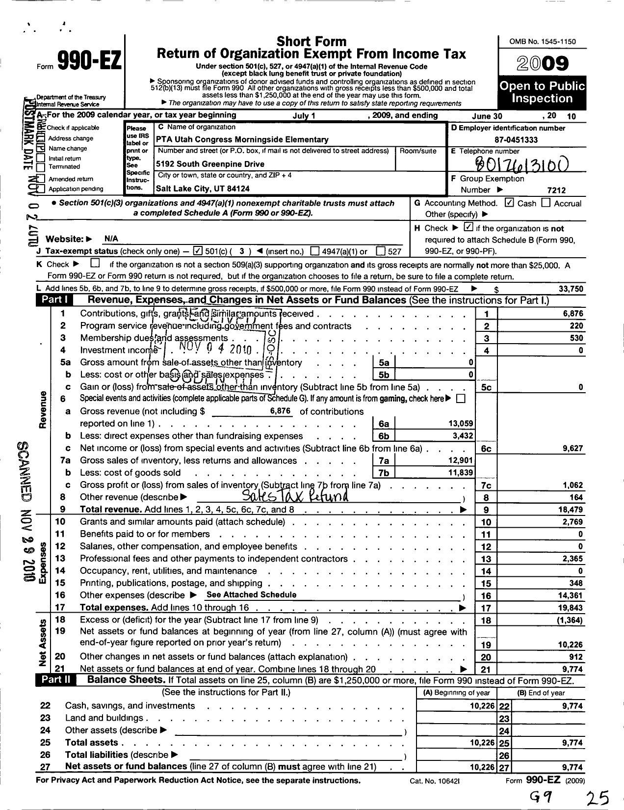 Image of first page of 2009 Form 990EZ for PTA Utah Congress / Morningside Elementary PTA