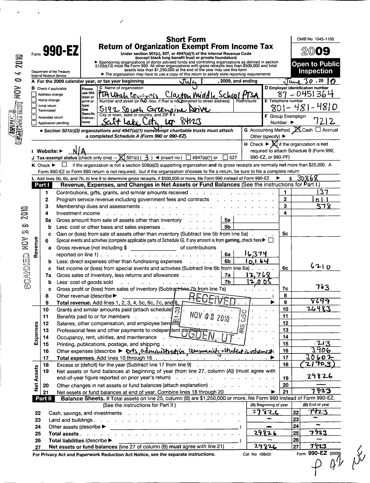 Image of first page of 2009 Form 990EZ for PTA Utah Congress / Clayton Middle Ptsa