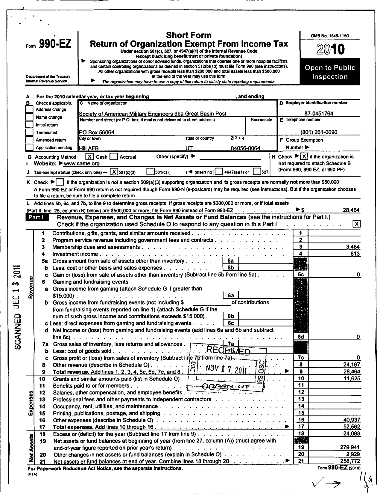 Image of first page of 2010 Form 990EZ for Society of American Military Engineers / Great Basin Post