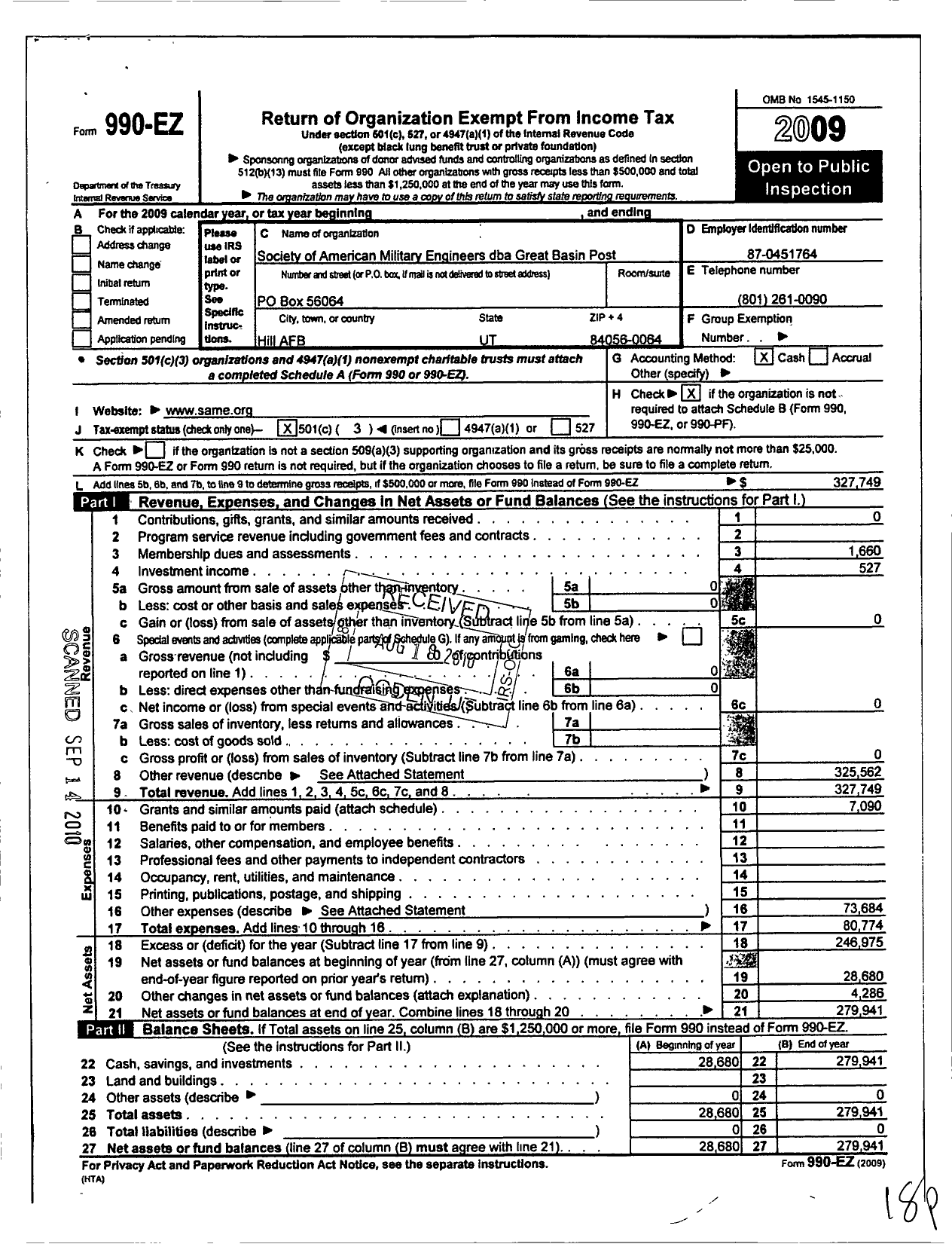 Image of first page of 2009 Form 990EZ for Society of American Military Engineers / Great Basin Post