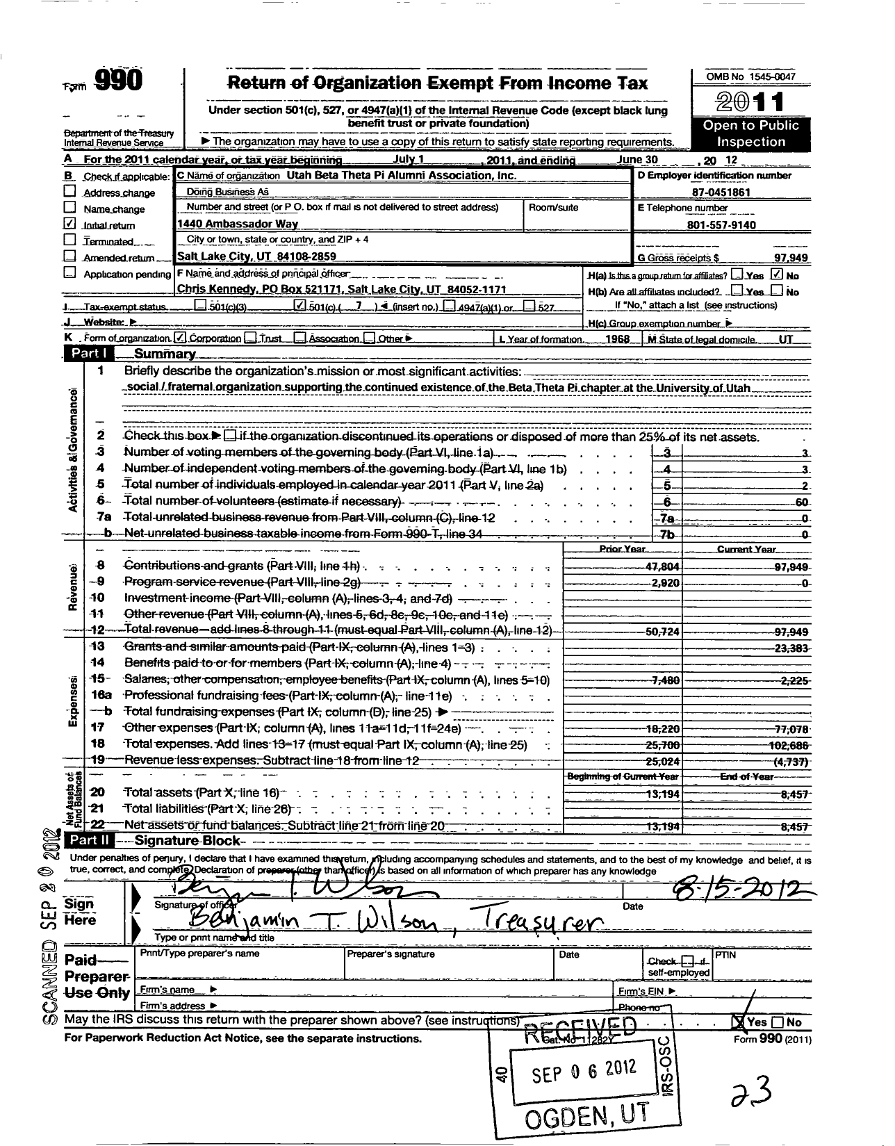 Image of first page of 2011 Form 990O for Utah Beta Theta Pi Alumni Association