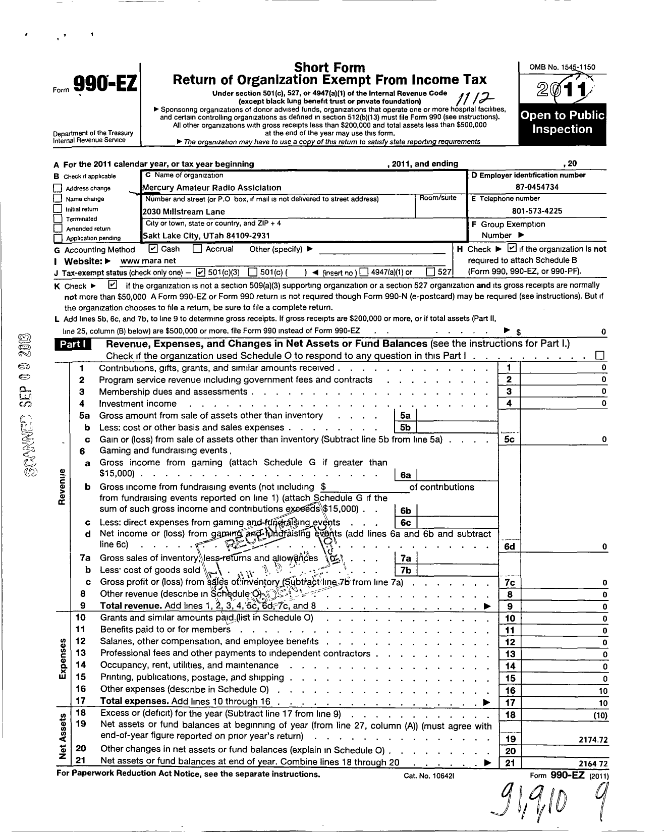 Image of first page of 2011 Form 990EZ for Mercury Amateur Radio Association 4902 Wallace Lane