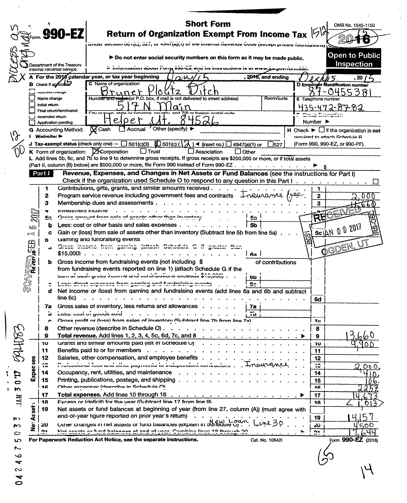 Image of first page of 2015 Form 990EO for Bryner-Ploutz Ditch Company