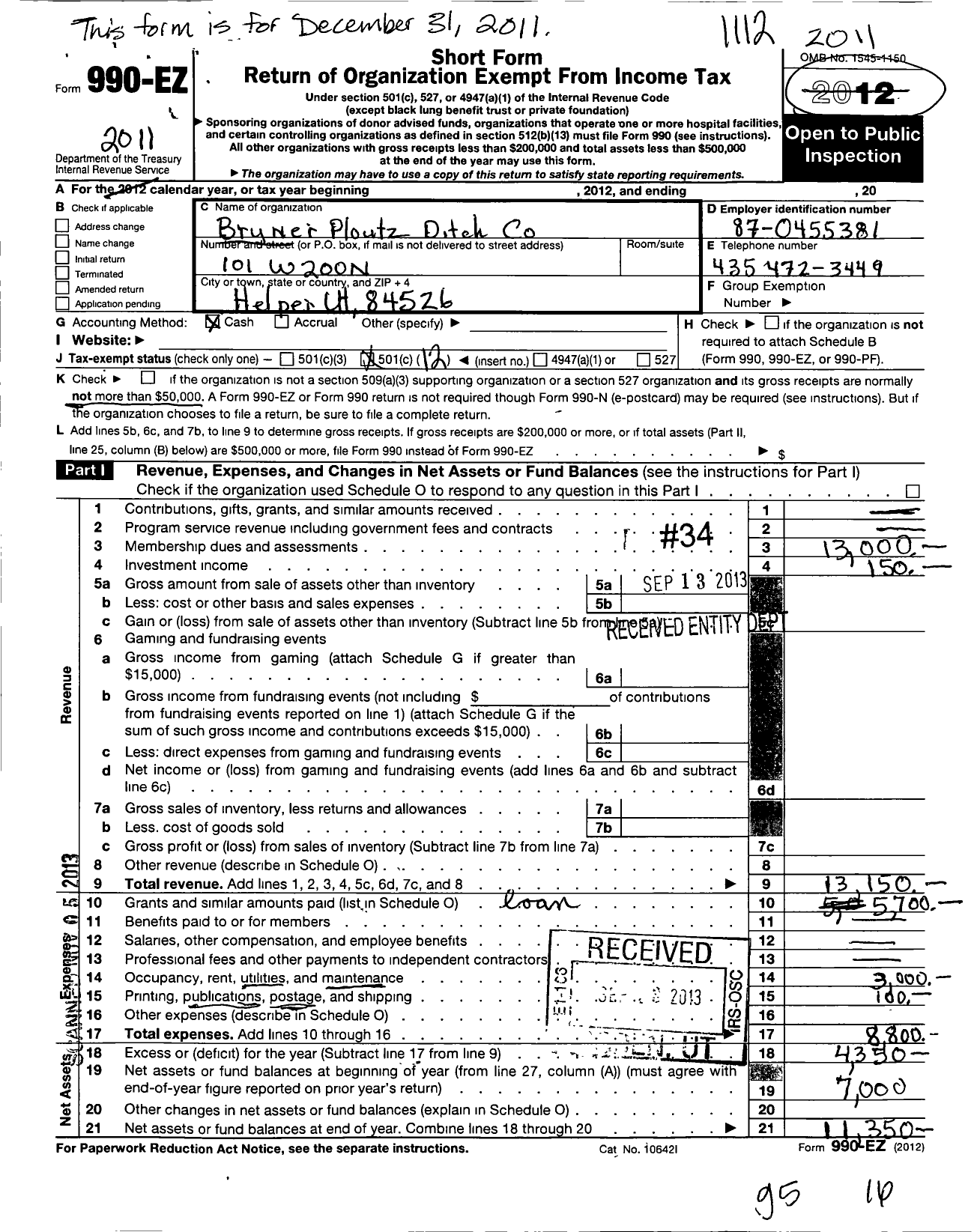 Image of first page of 2011 Form 990EO for Bryner-Ploutz Ditch Company