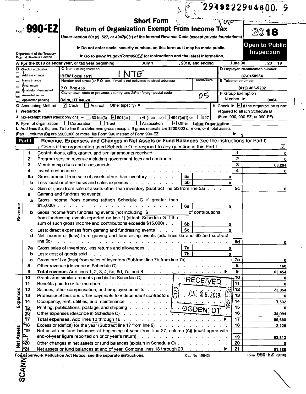 Image of first page of 2017 Form 990EO for International Brotherhood of Electrical Workers - 1619 Local Union