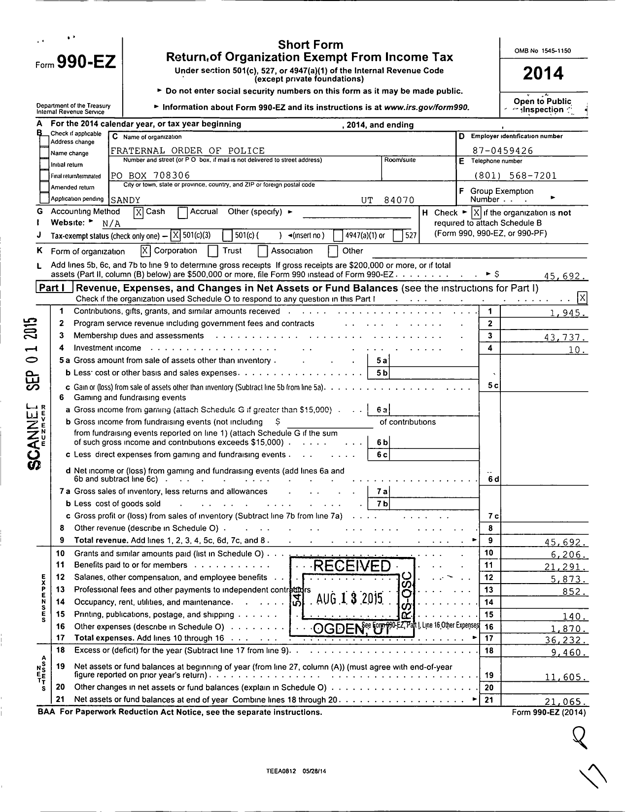 Image of first page of 2014 Form 990EZ for Fraternal Order of Police / 21 Sandy Police Alliance Fop