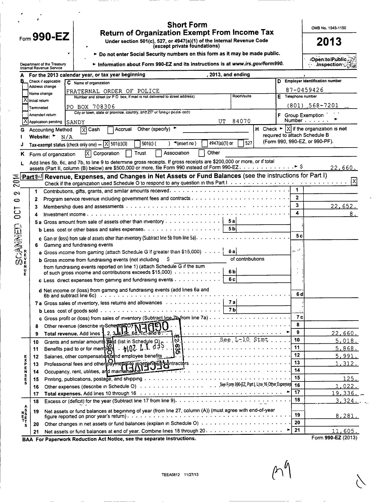 Image of first page of 2013 Form 990EZ for Fraternal Order of Police / 21 Sandy Police Alliance Fop