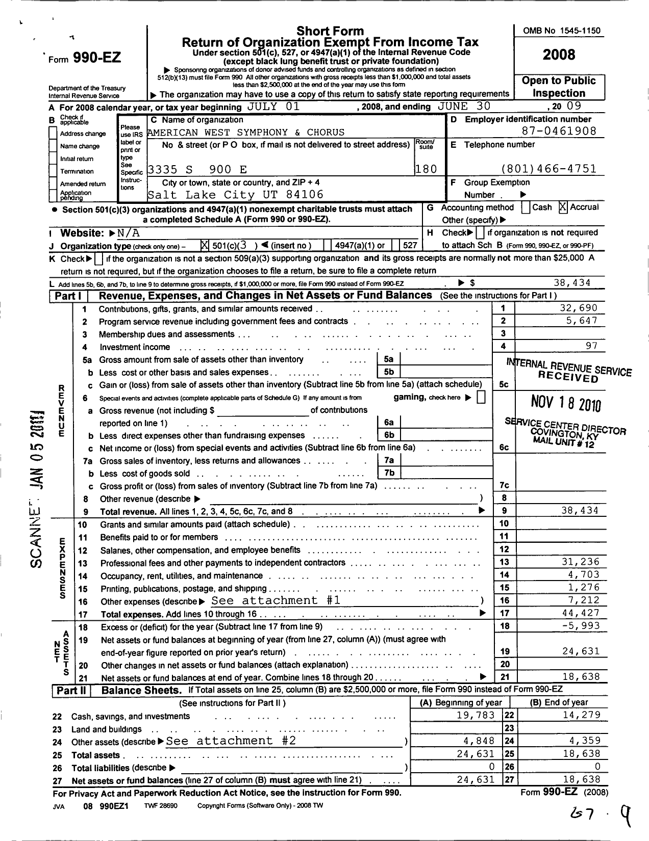 Image of first page of 2008 Form 990EZ for American West Symphony and Chorus