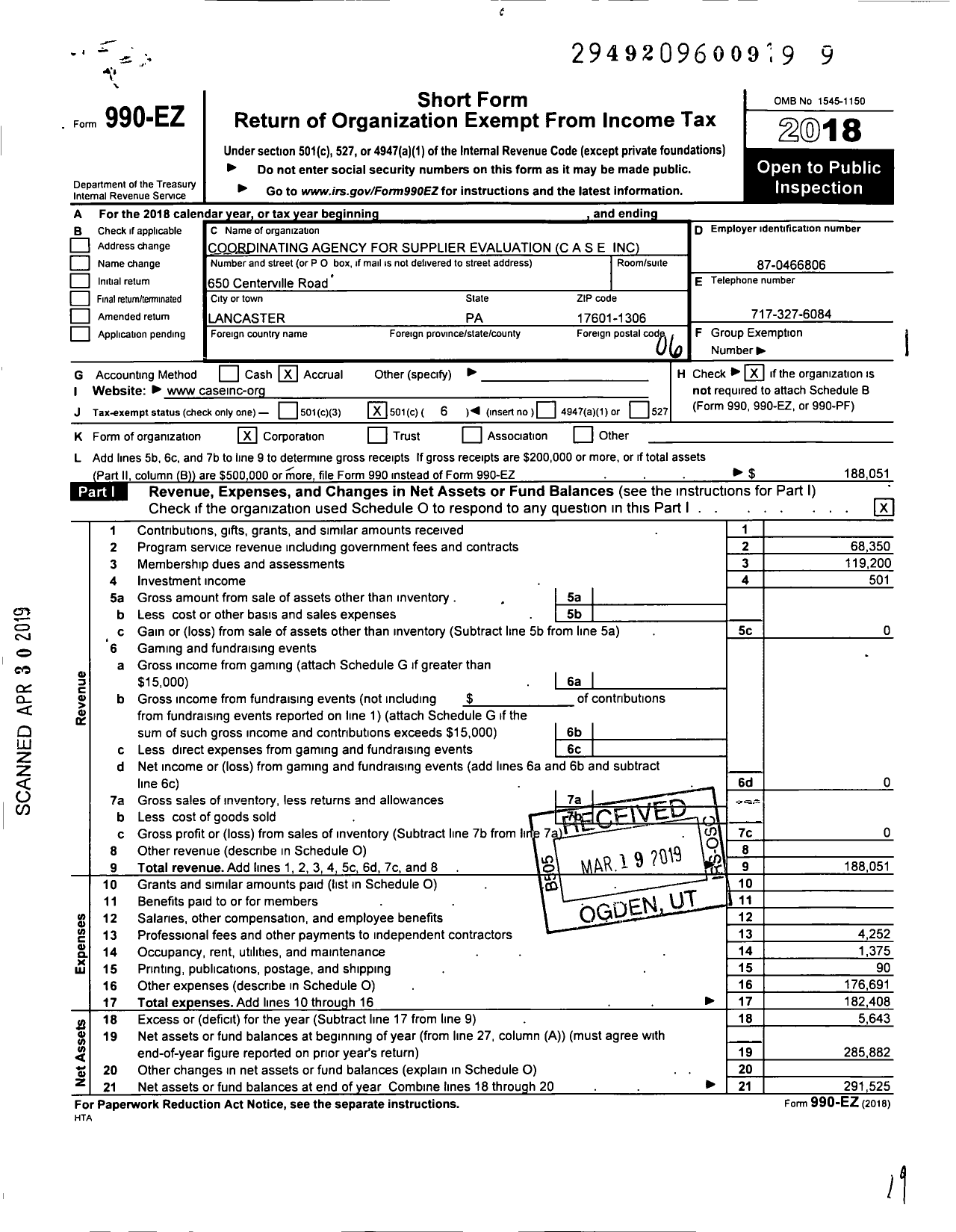 Image of first page of 2018 Form 990EO for Coordinating Agency For Supplier Evaluation