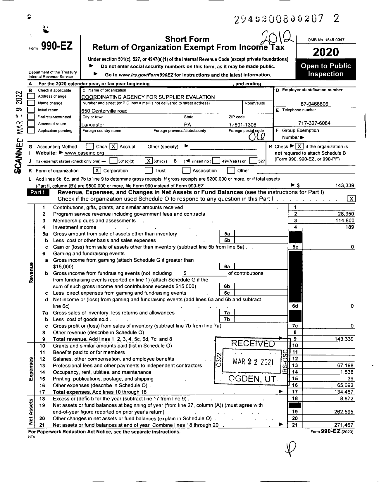 Image of first page of 2020 Form 990EO for Coordinating Agency For Supplier Evaluation