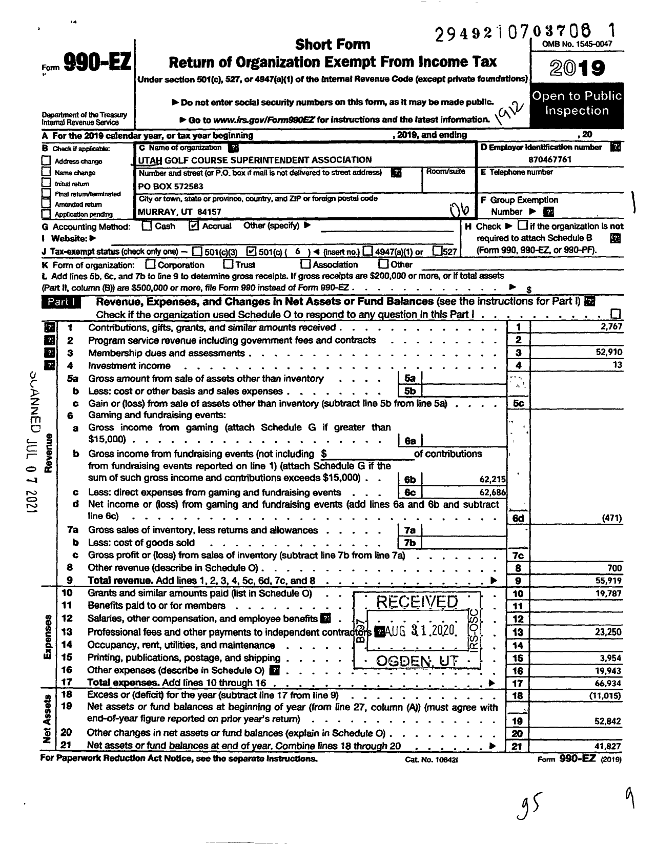 Image of first page of 2019 Form 990EO for Utah Golf Course Superintendents Association