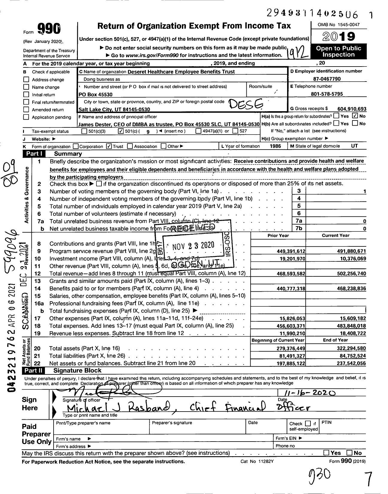 Image of first page of 2019 Form 990O for Deseret Healthcare Employee Benefits Trust