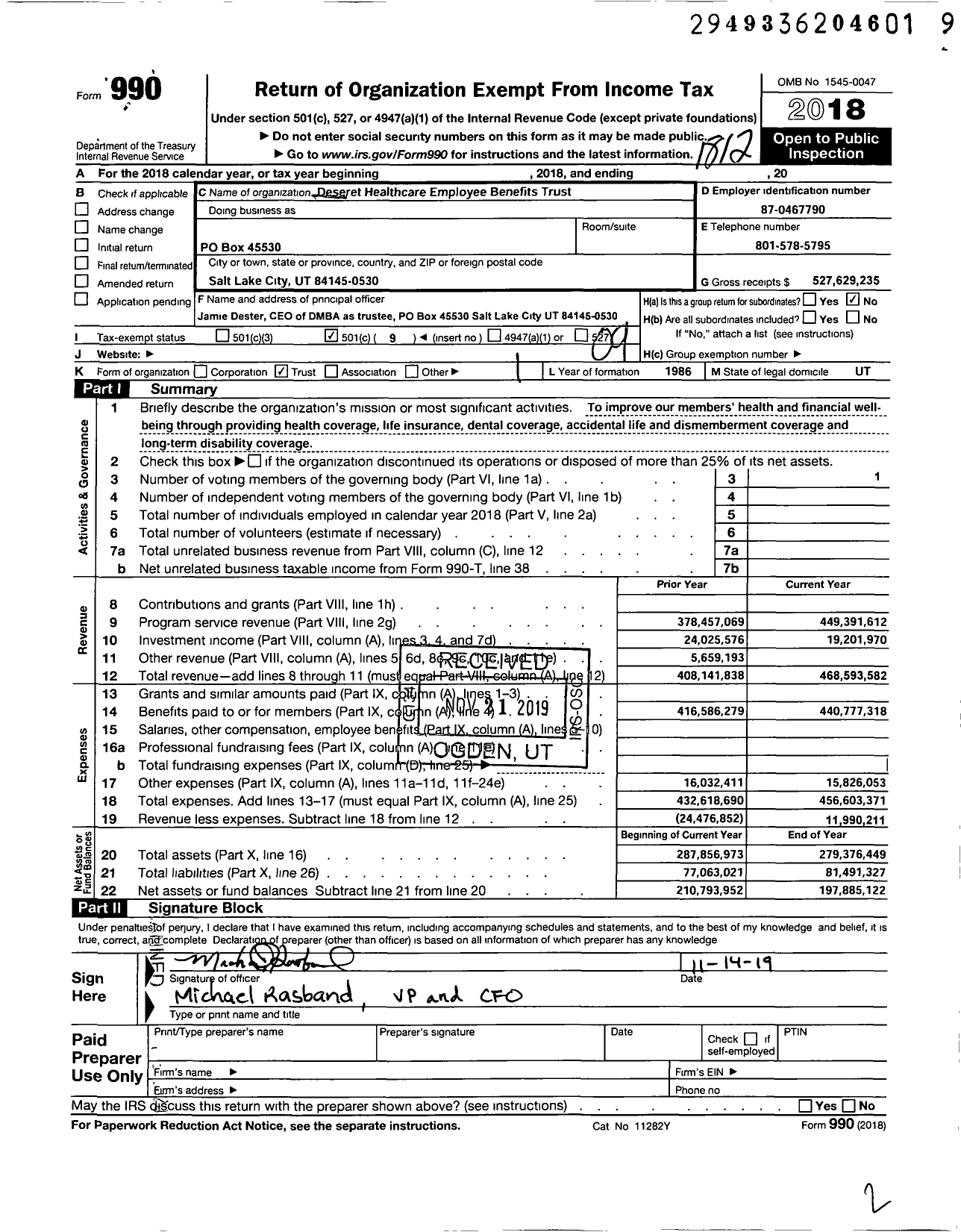 Image of first page of 2018 Form 990O for Deseret Healthcare Employee Benefits Trust