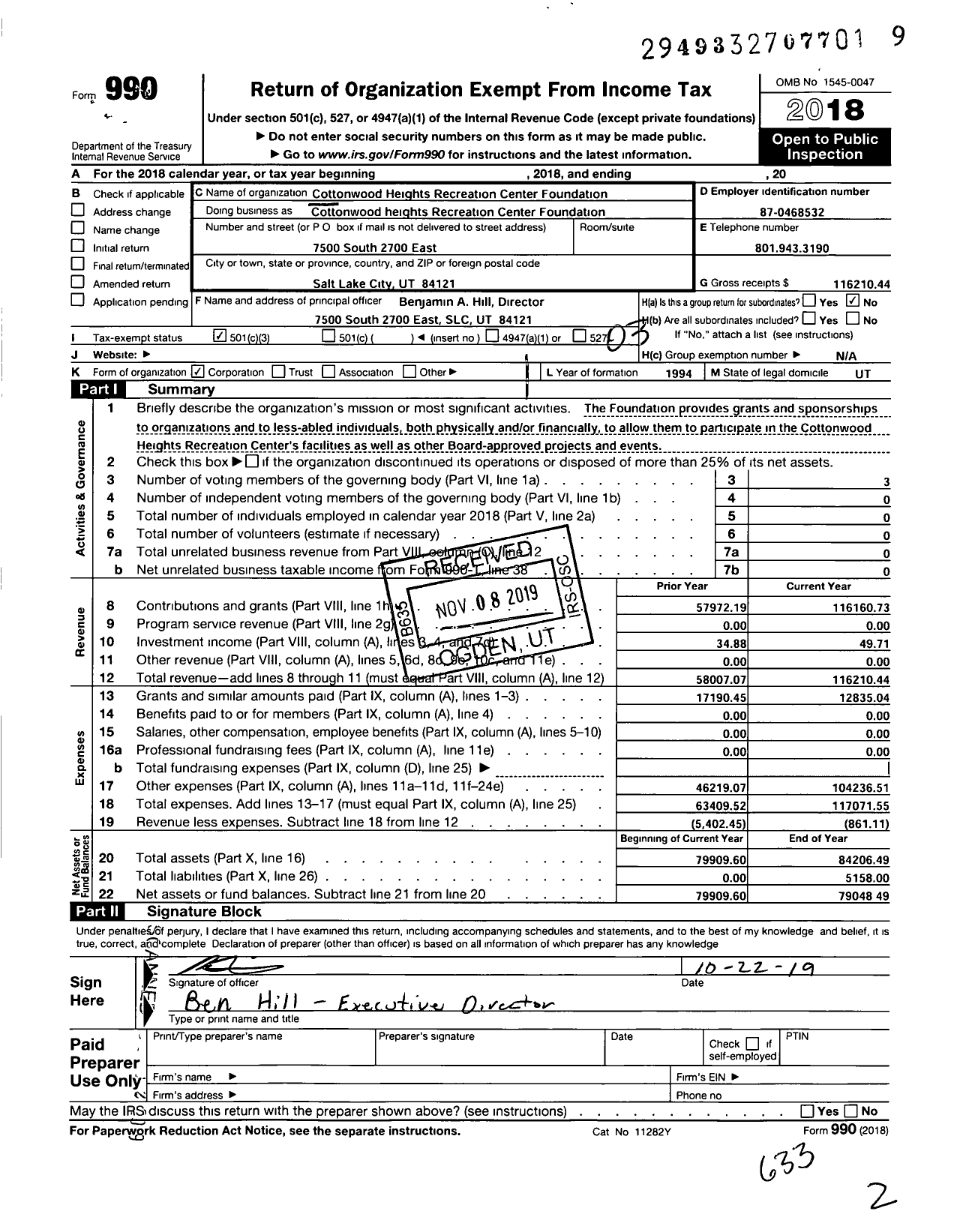 Image of first page of 2018 Form 990 for Cottonwood Heights Parks and Recreation Foundation