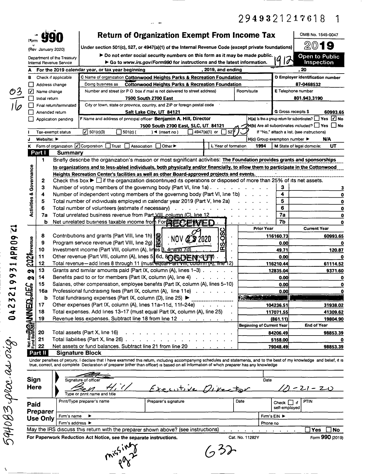 Image of first page of 2019 Form 990 for Cottonwood Heights Parks and Recreation Foundation