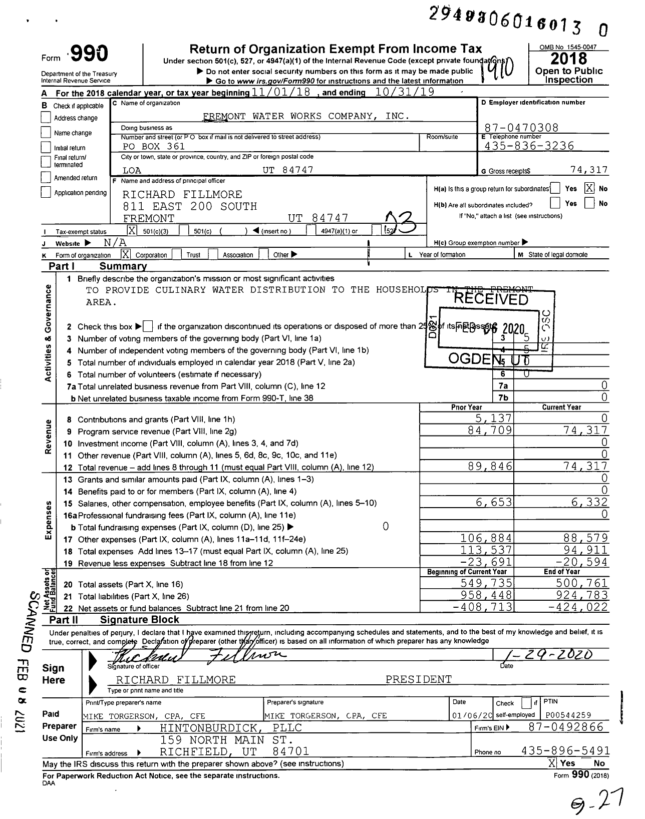 Image of first page of 2018 Form 990 for Fremont Water Works Company