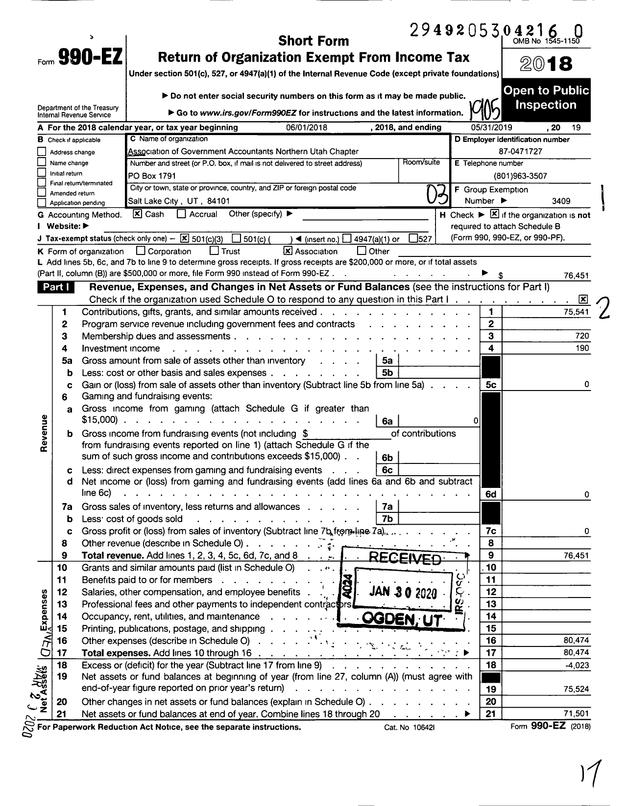 Image of first page of 2018 Form 990EZ for Association of Government Accountants - 94 Northern Utah Chapter