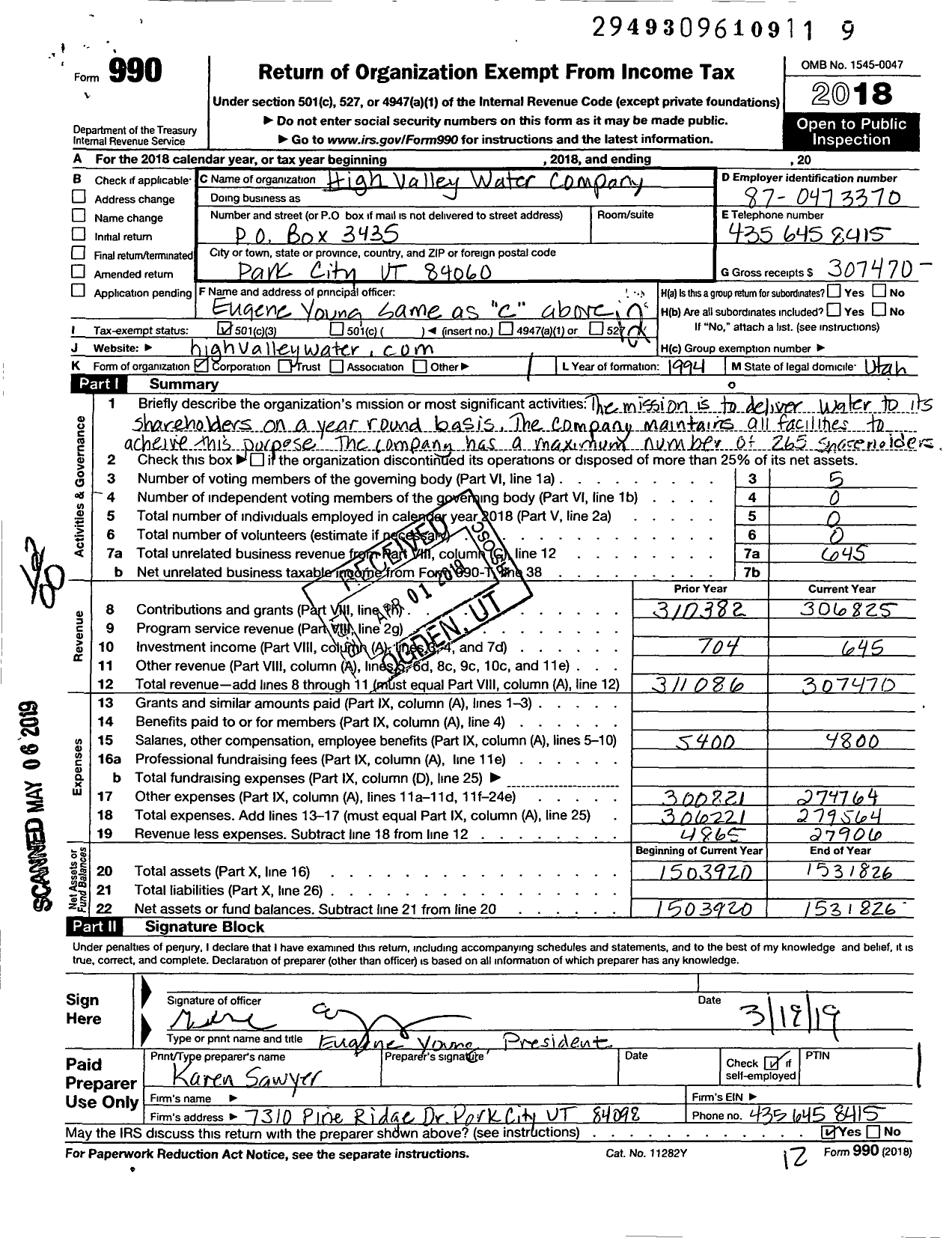 Image of first page of 2018 Form 990O for High Valley Water Company