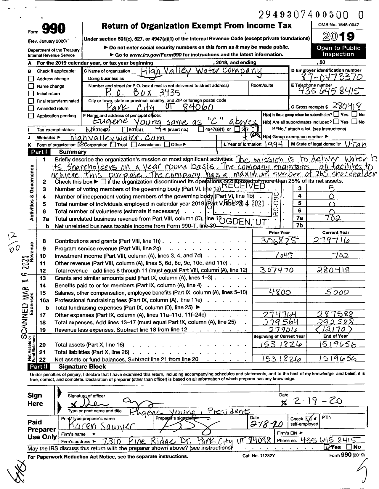 Image of first page of 2019 Form 990O for High Valley Water Company
