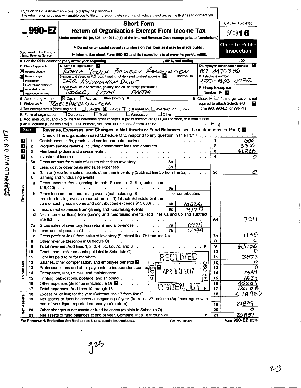 Image of first page of 2016 Form 990EO for Tooele Youth Baseball Association