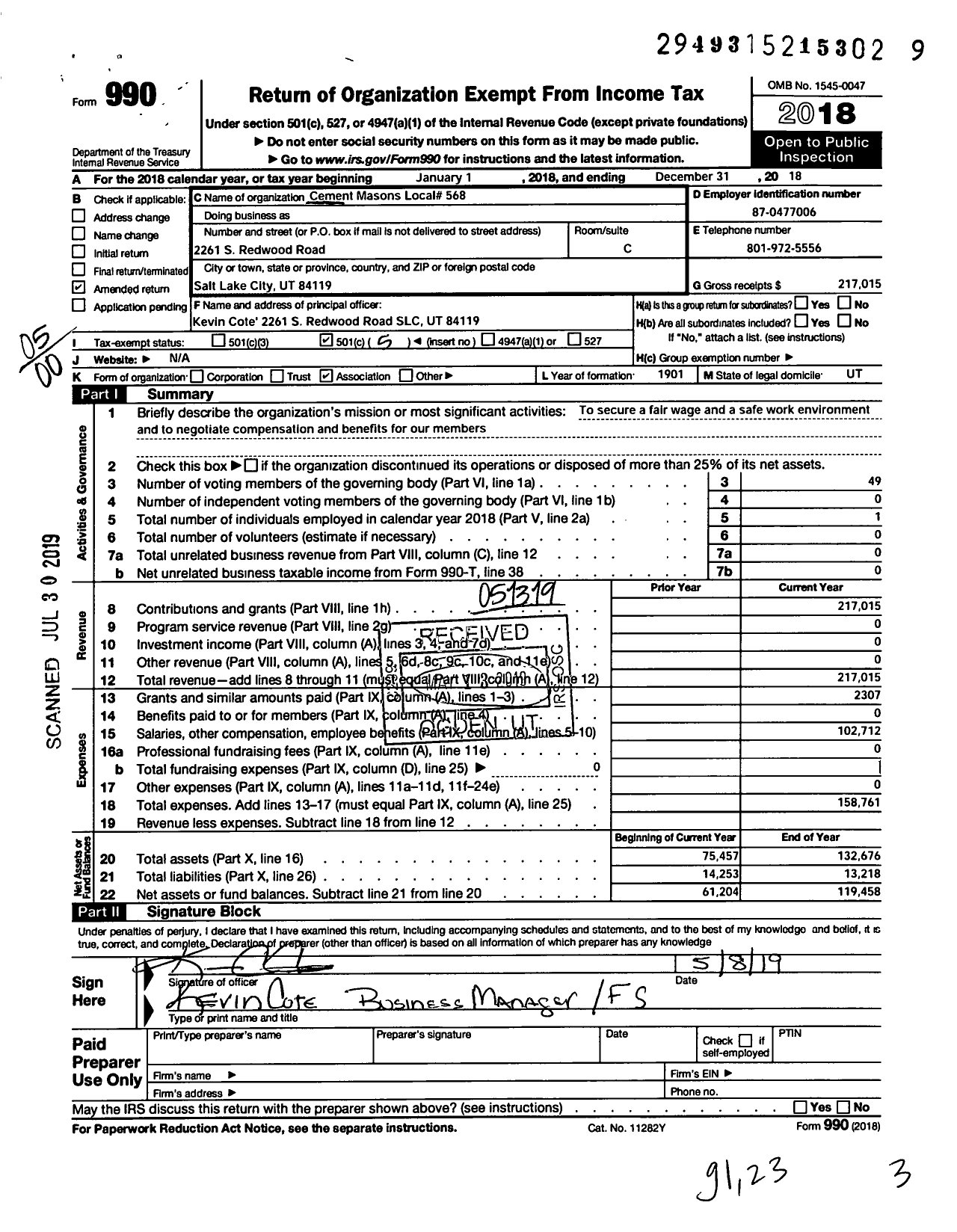 Image of first page of 2018 Form 990O for Operative Plasterers' and Cement Masons' International Association - 568 PCM