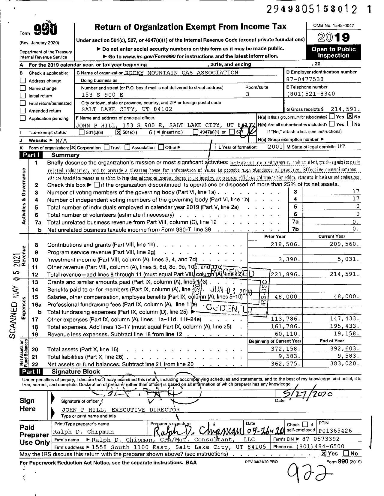 Image of first page of 2019 Form 990O for Rocky Mountain Gas Association