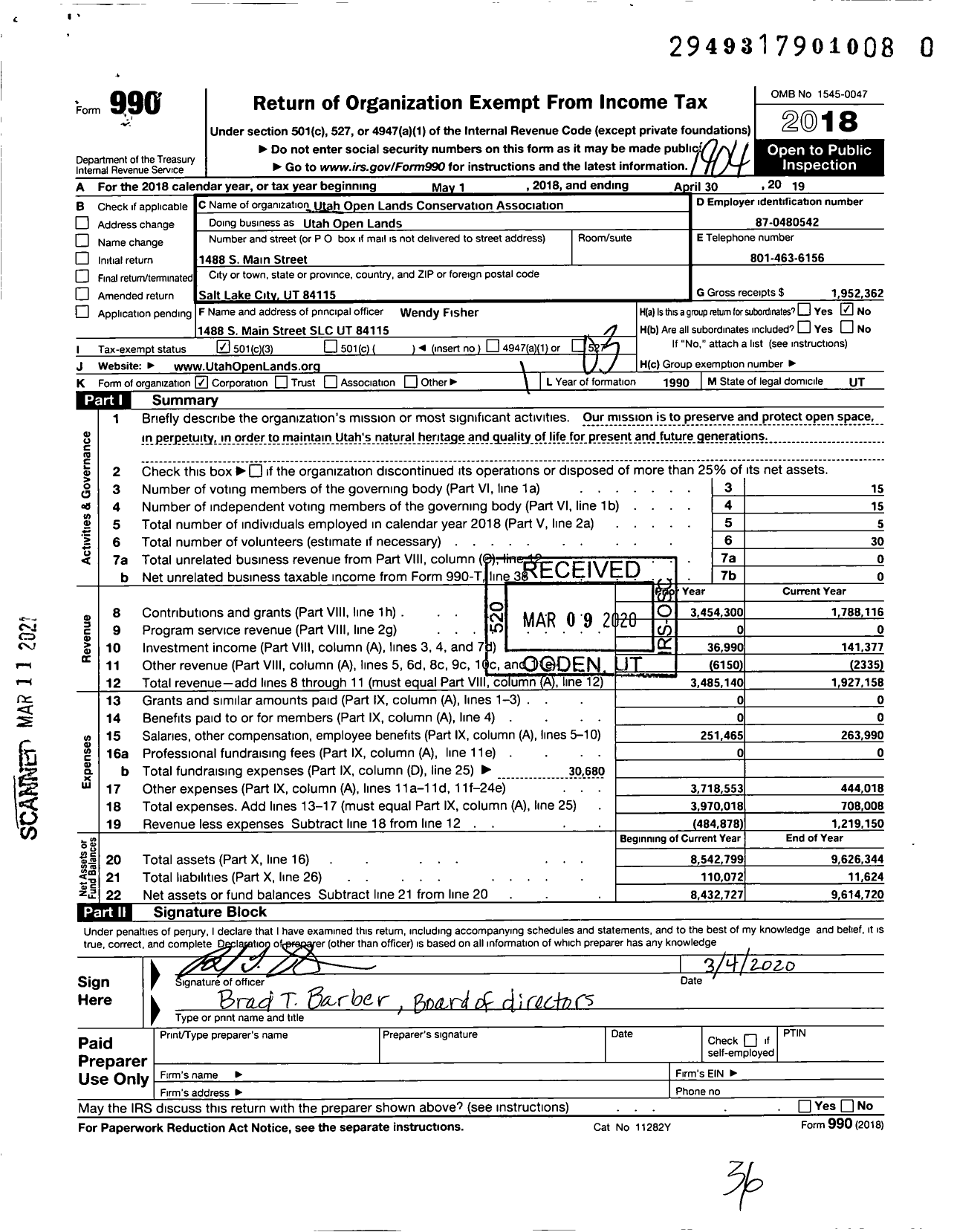 Image of first page of 2018 Form 990 for Utah Open Lands