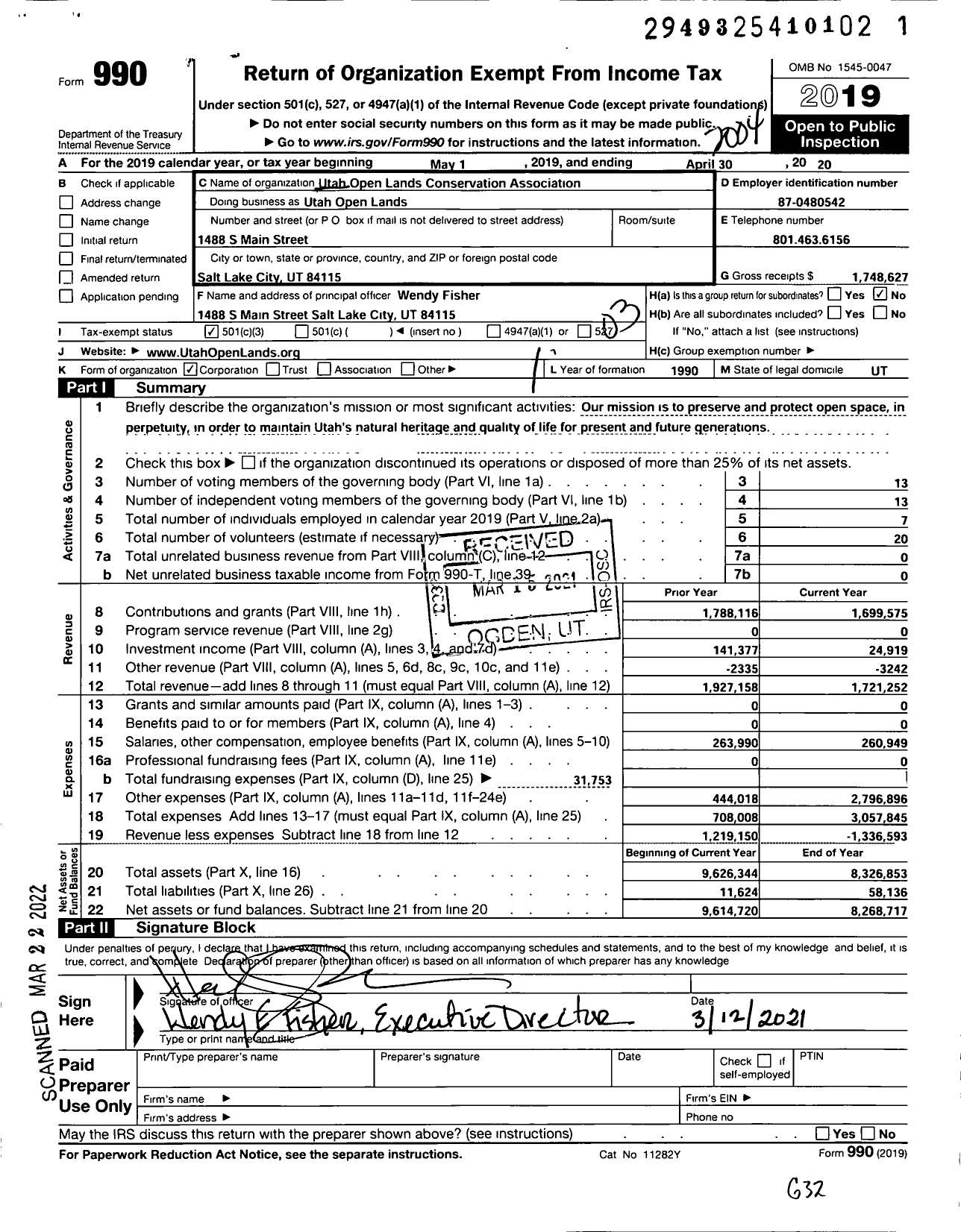 Image of first page of 2019 Form 990 for Utah Open Lands