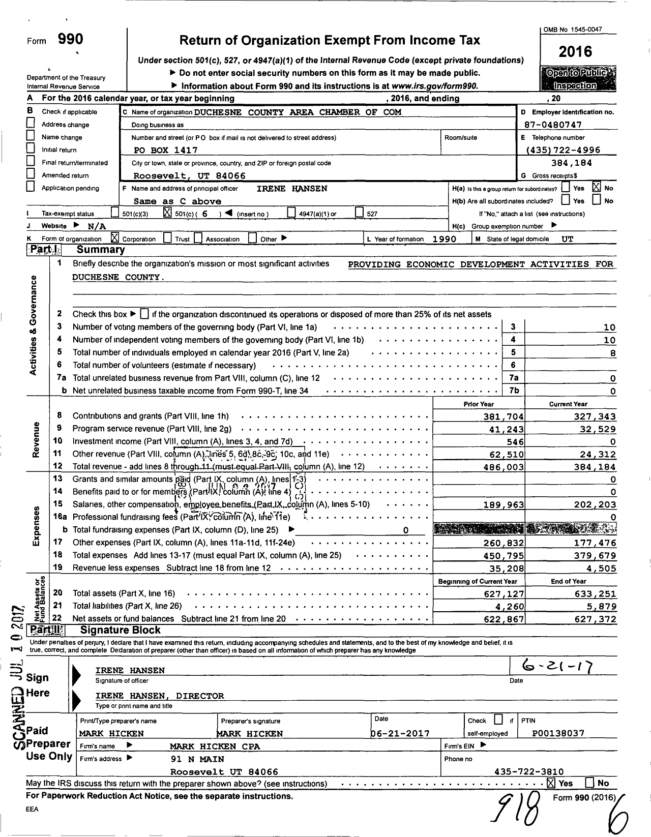 Image of first page of 2016 Form 990O for Duchesne County Area Chamber of Com