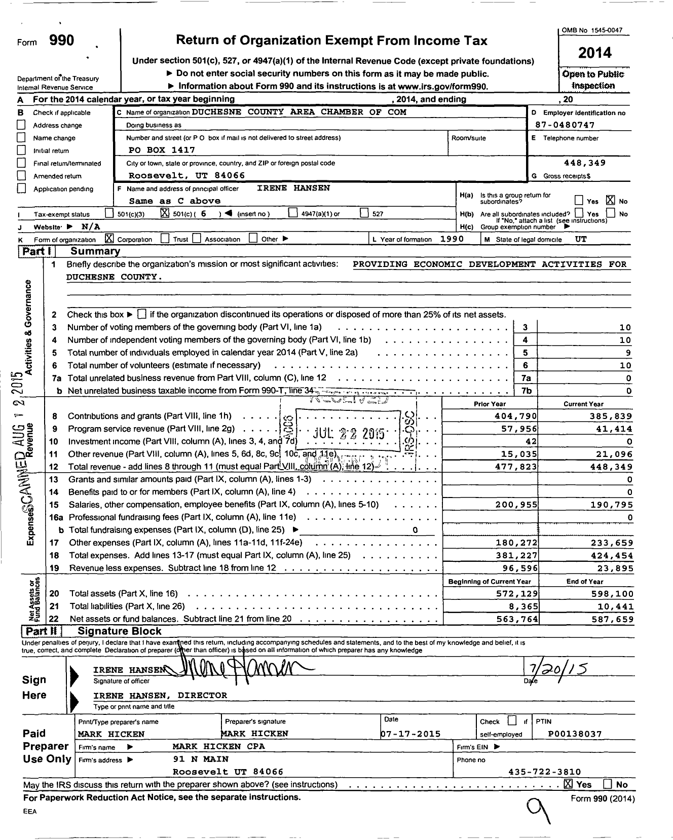 Image of first page of 2014 Form 990O for Duchesne County Area Chamber of Com