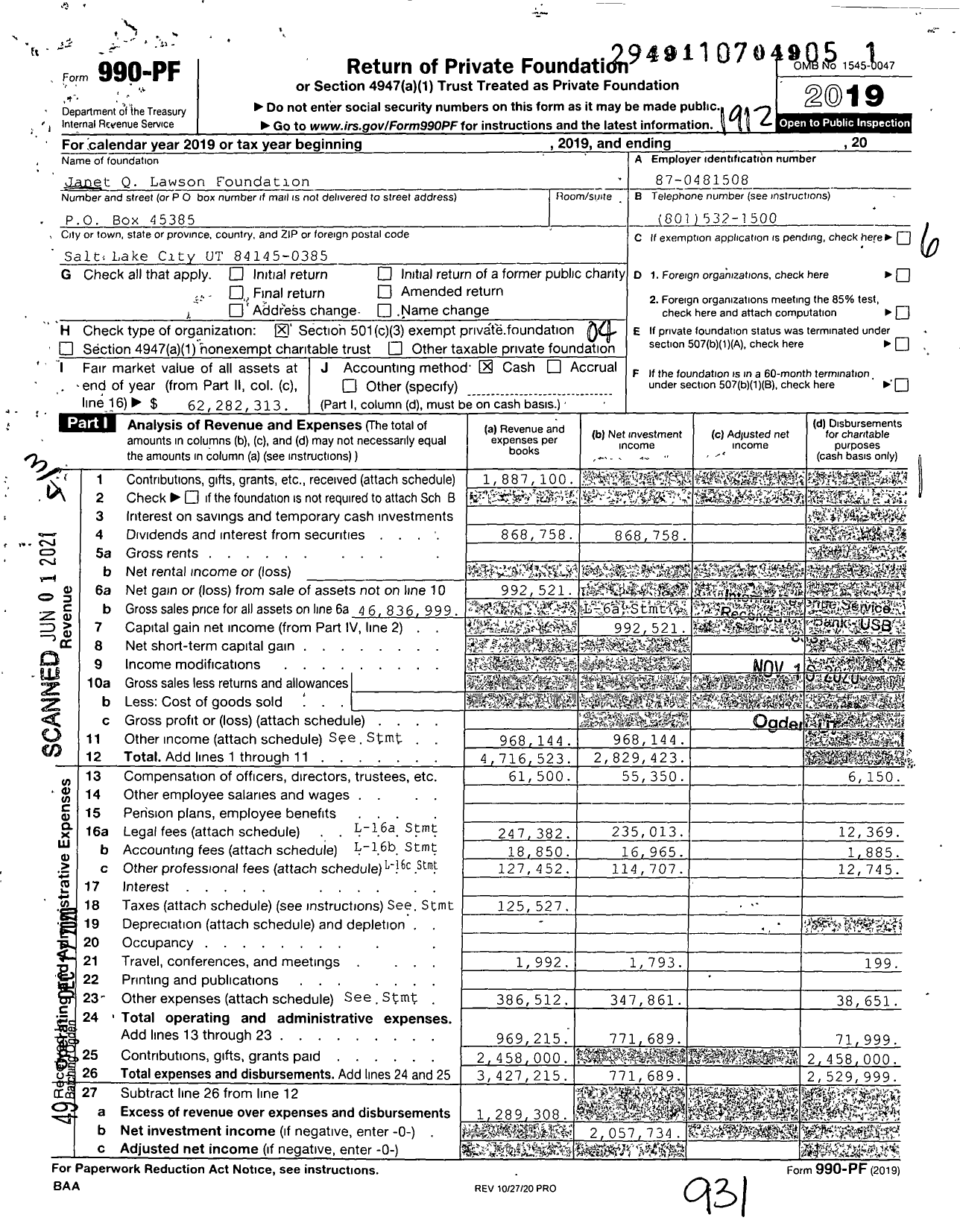 Image of first page of 2019 Form 990PF for Janet Q Lawson Foundation