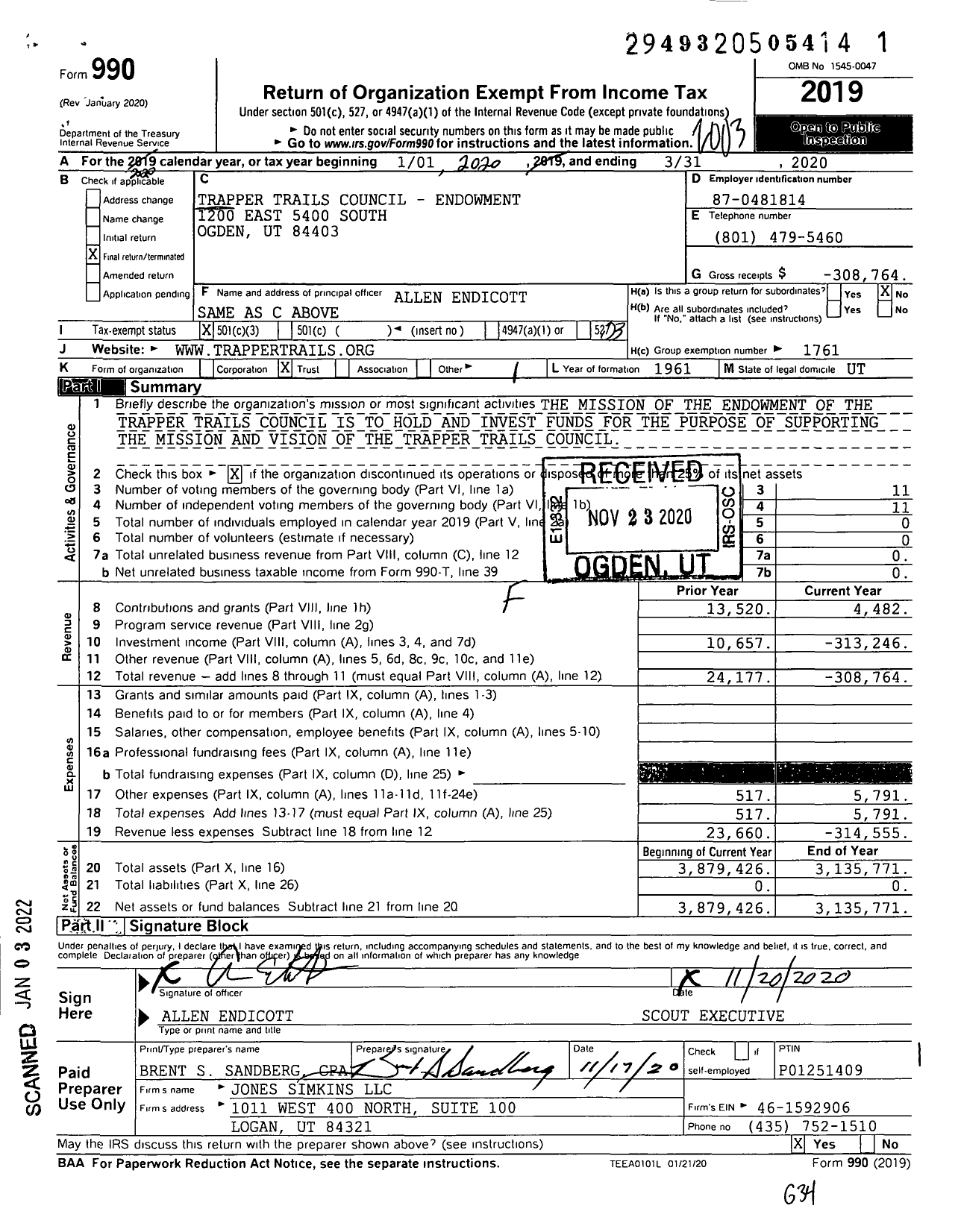 Image of first page of 2019 Form 990 for Boy Scouts of America - 589 Trapper Trails Council Endmt T