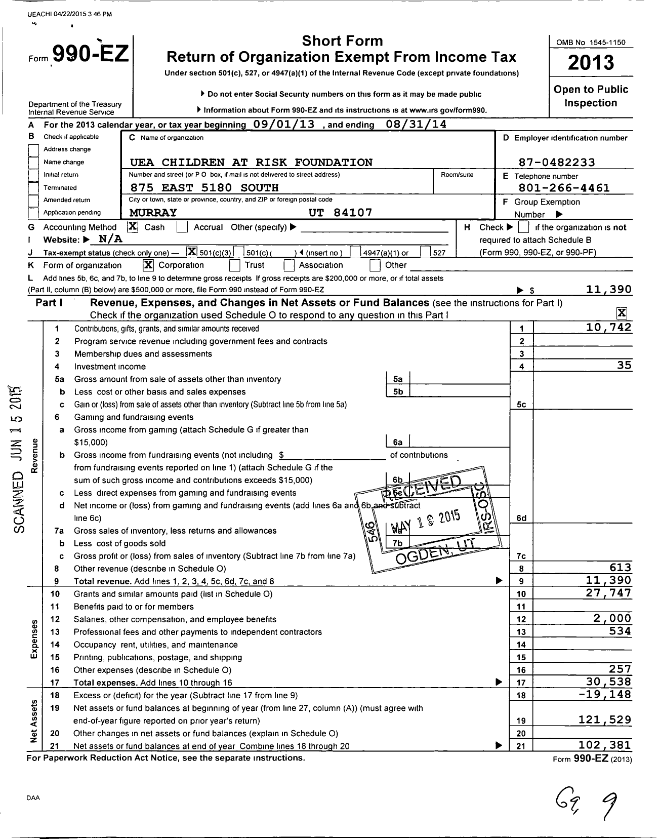 Image of first page of 2013 Form 990EZ for Uea Children at Risk Foundation