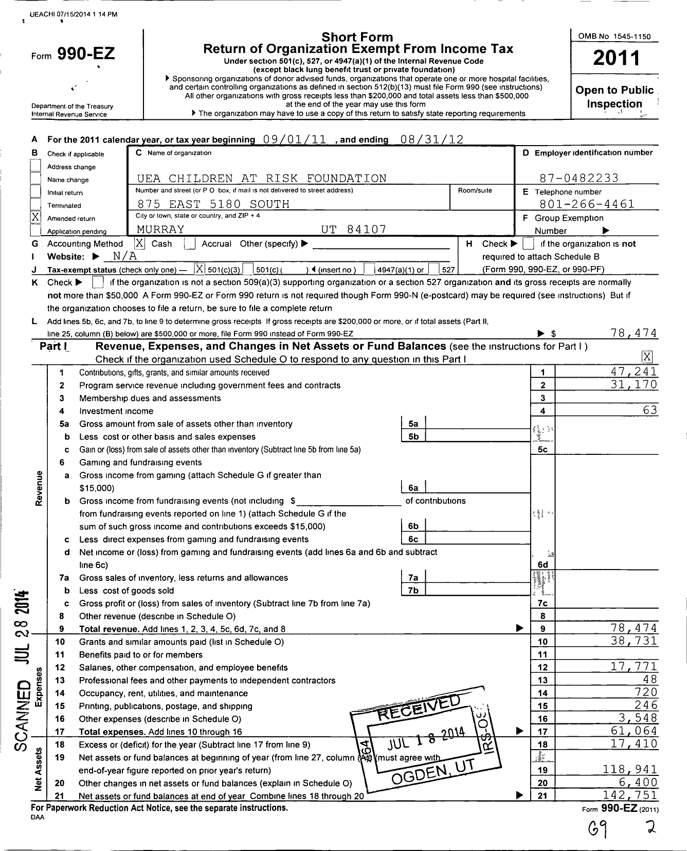 Image of first page of 2011 Form 990EZ for Uea Children at Risk Foundation