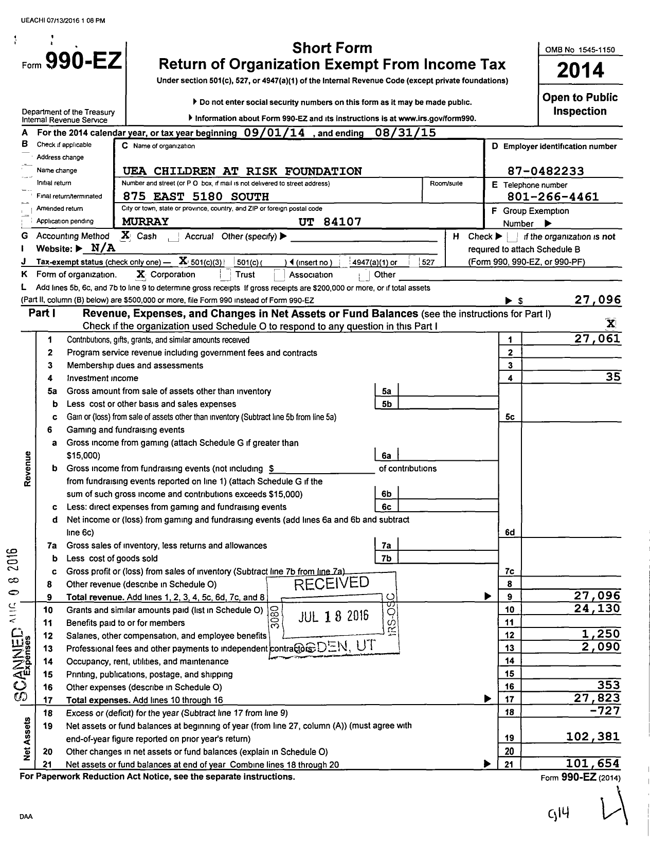 Image of first page of 2014 Form 990EZ for Uea Children at Risk Foundation