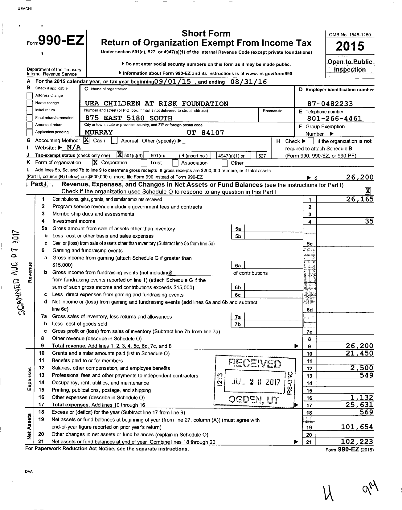 Image of first page of 2015 Form 990EZ for Uea Children at Risk Foundation