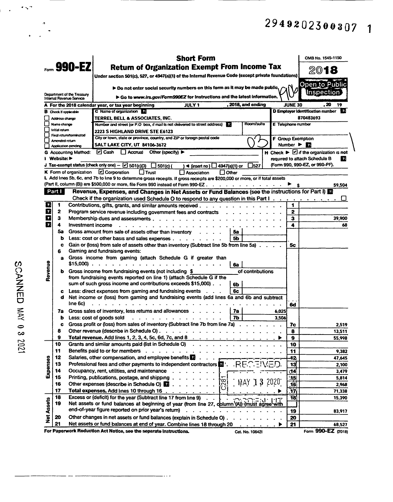 Image of first page of 2018 Form 990EZ for Terrel Bell and Associates