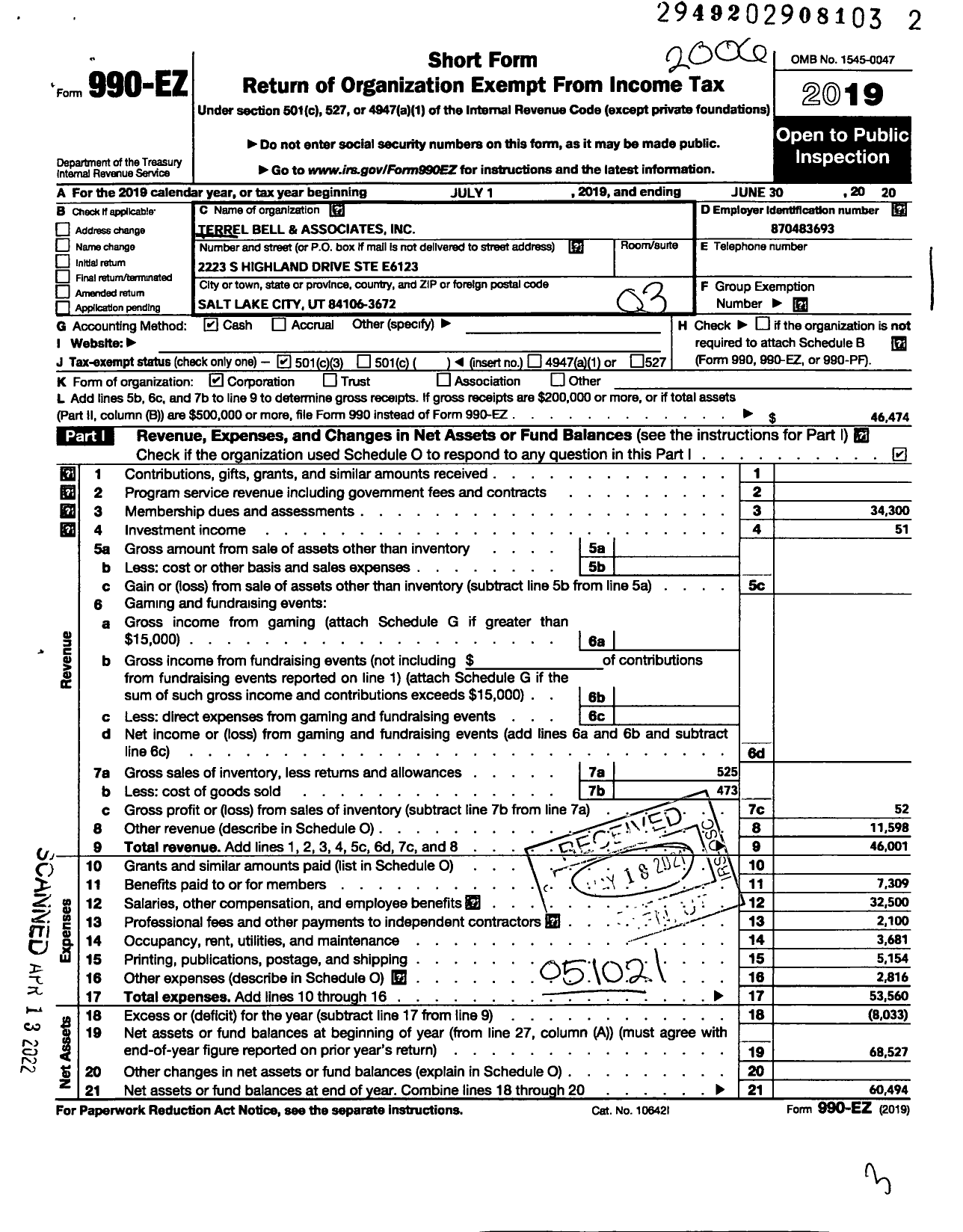 Image of first page of 2019 Form 990EZ for Terrel Bell and Associates