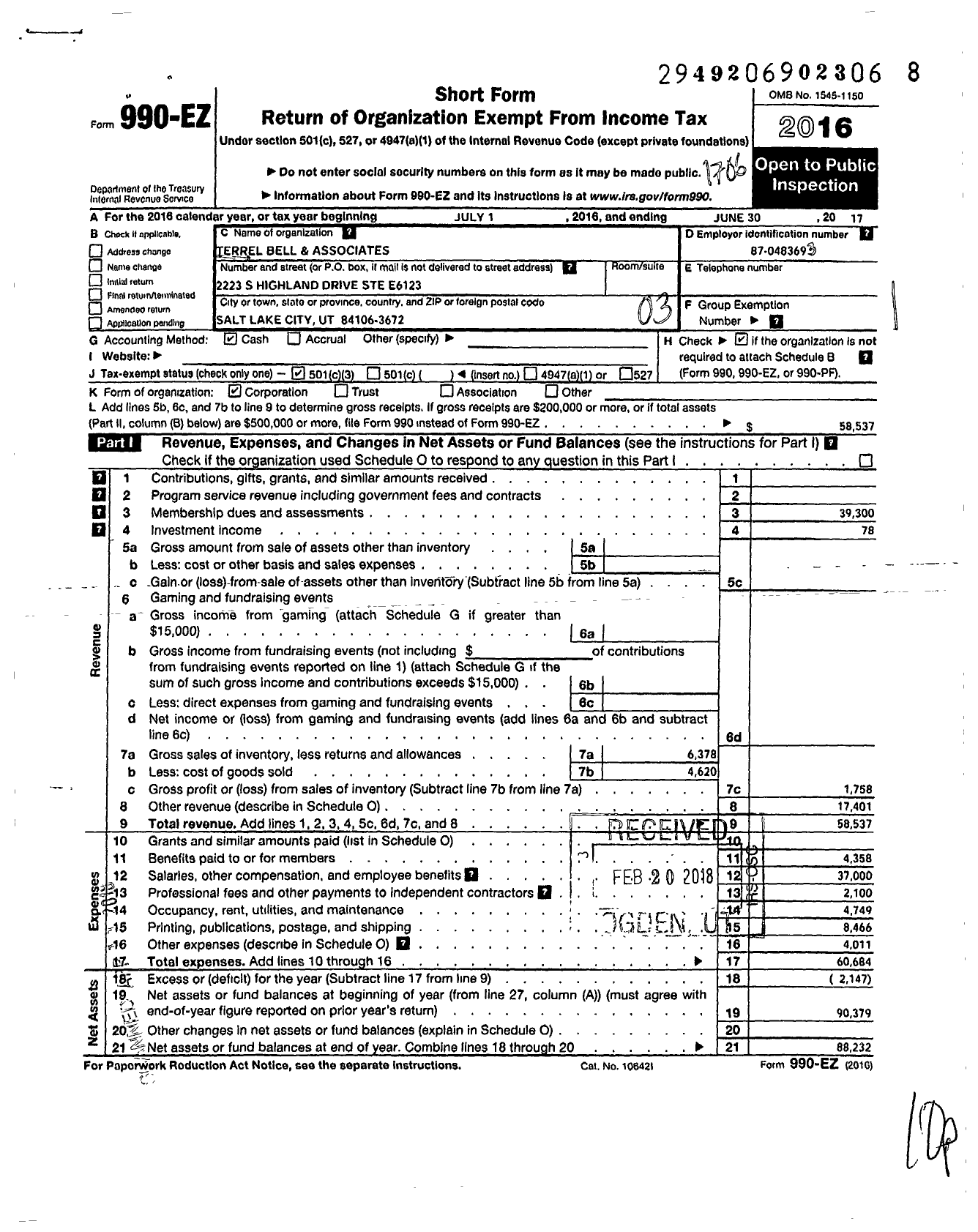 Image of first page of 2016 Form 990EZ for Terrel Bell and Associates