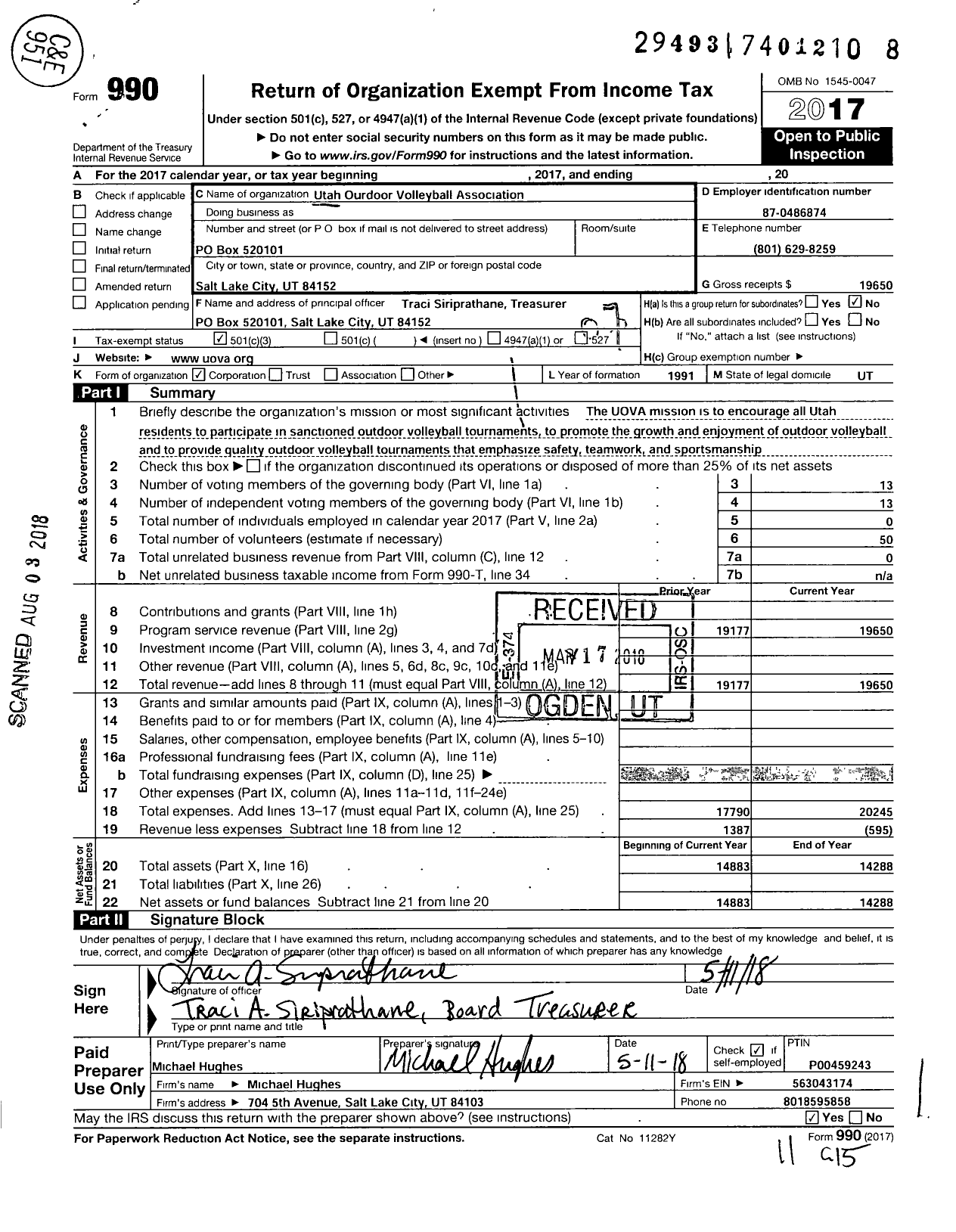 Image of first page of 2017 Form 990O for Utah Outdoor Volleyball Association