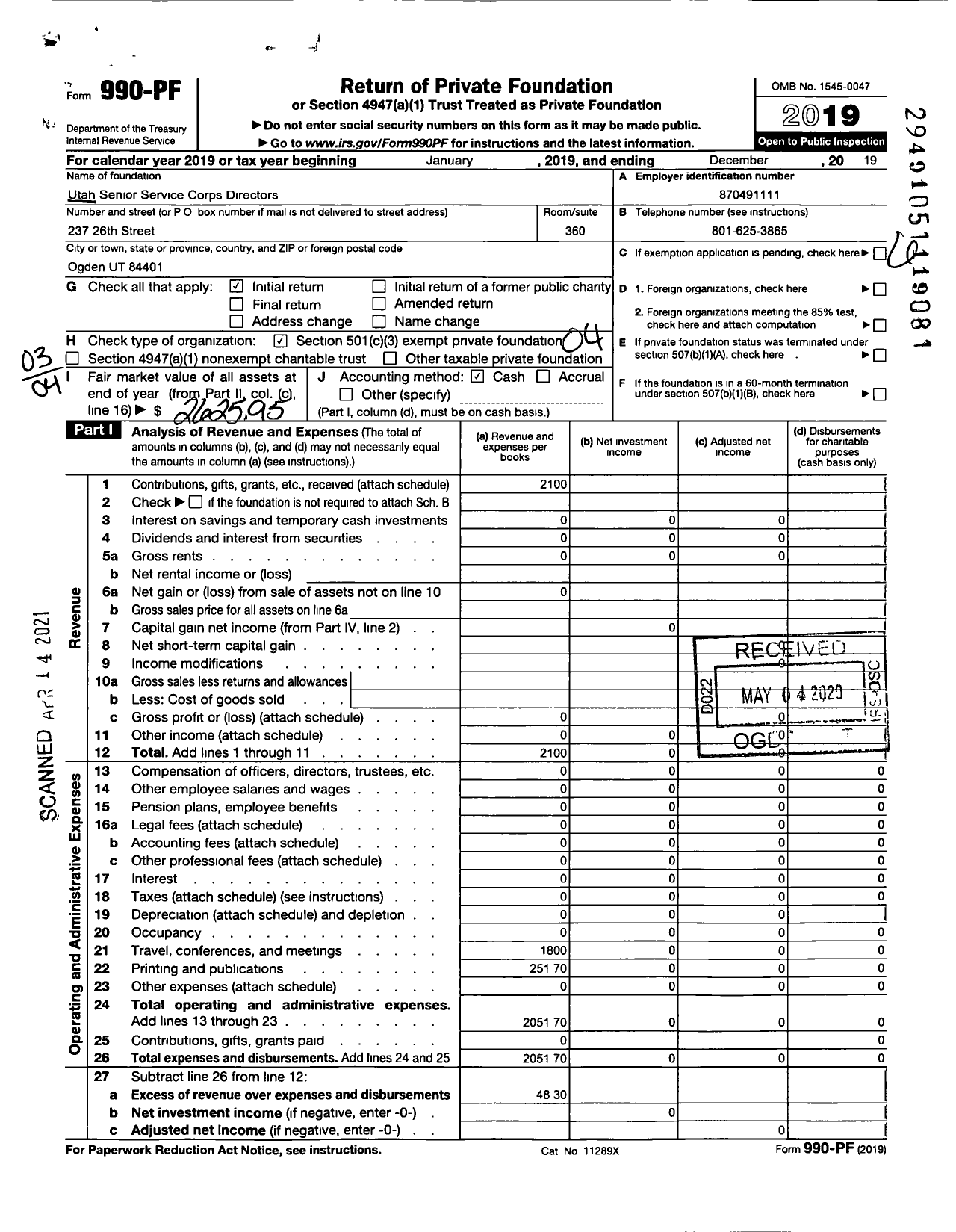 Image of first page of 2019 Form 990PF for Utah Senior Service Corps Directors Association