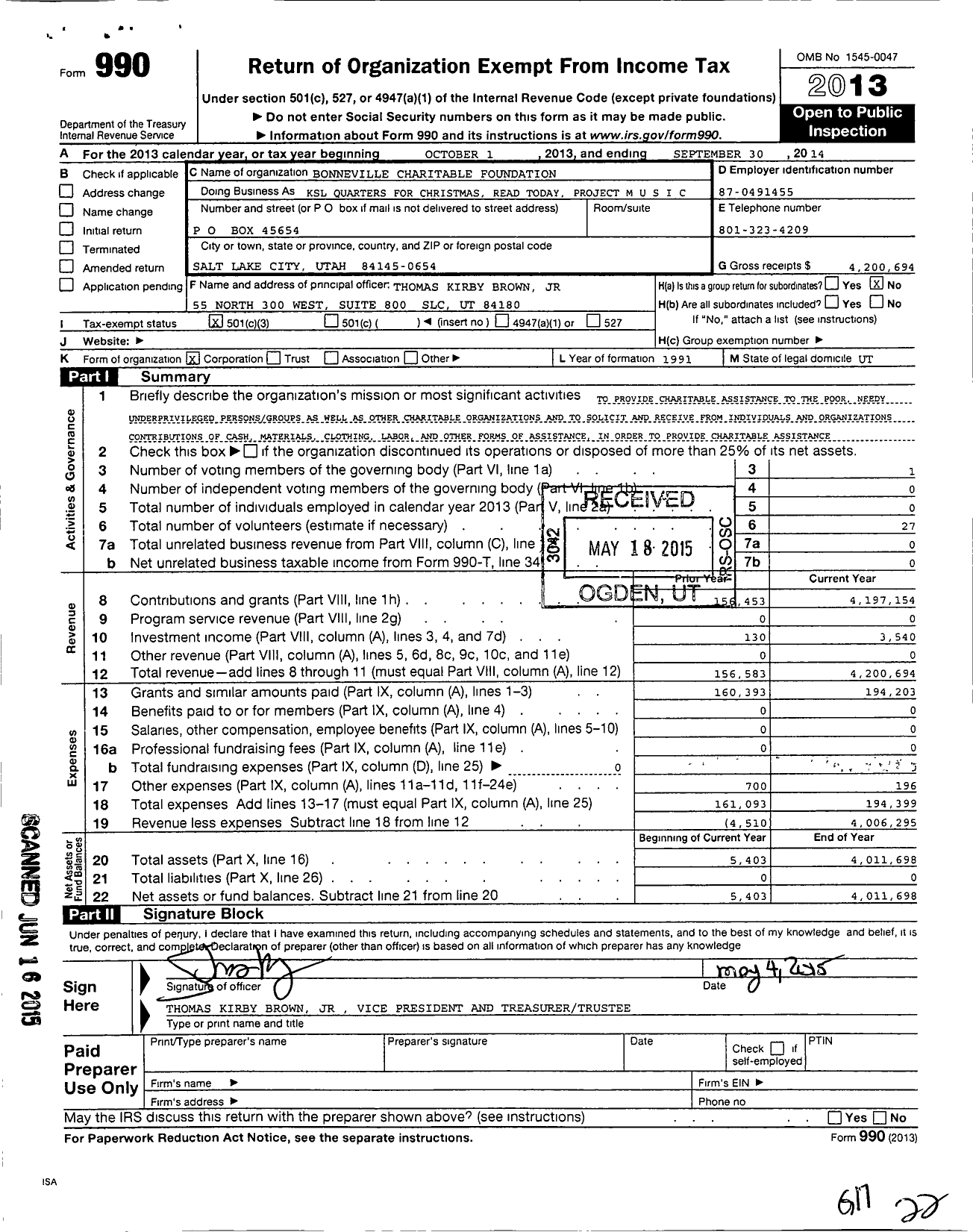 Image of first page of 2013 Form 990 for Bonneville Charitable Foundation