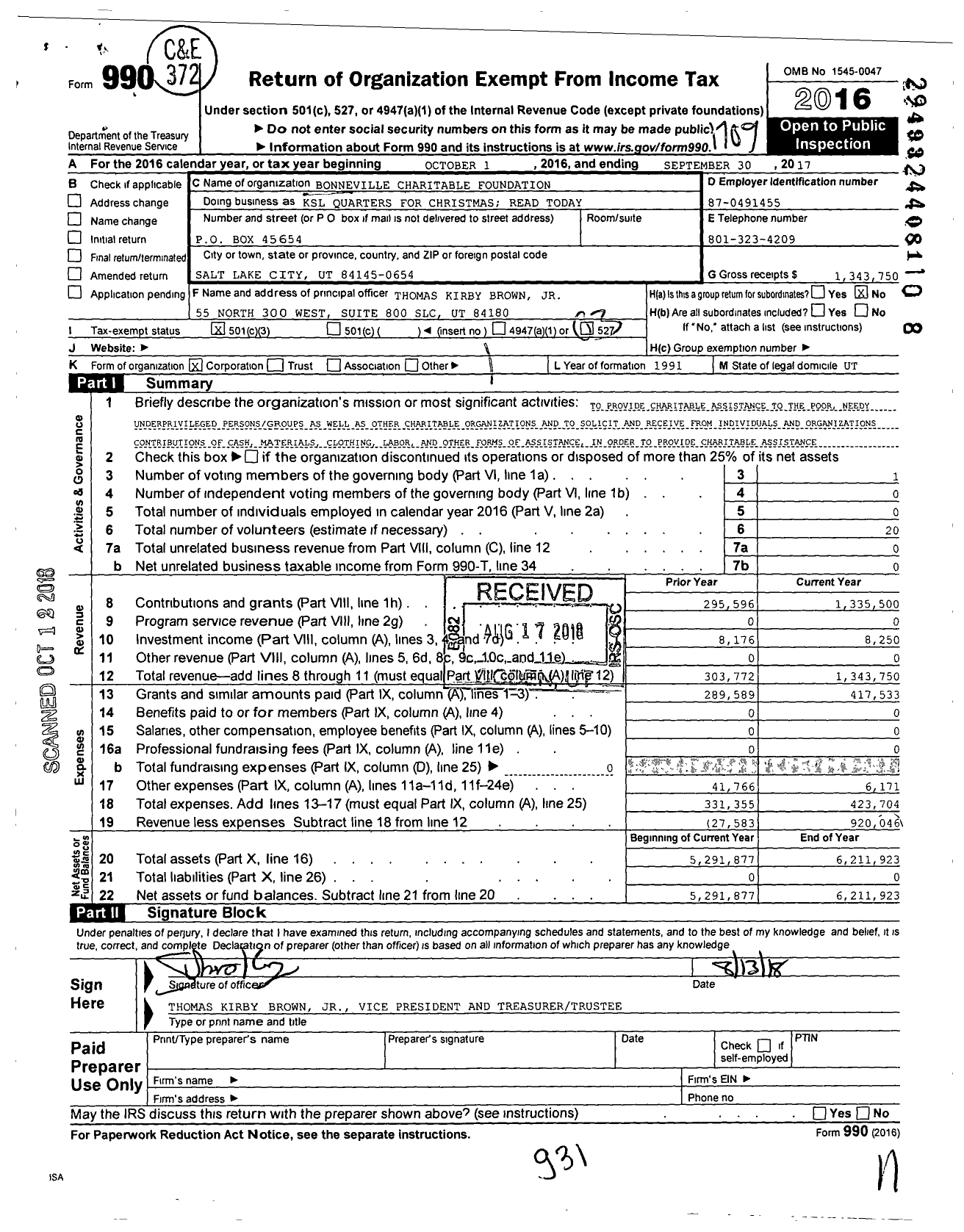 Image of first page of 2016 Form 990 for Bonneville Charitable Foundation